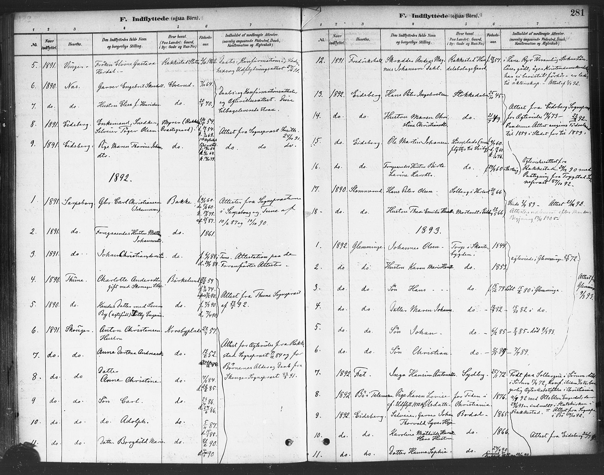 Rakkestad prestekontor Kirkebøker, AV/SAO-A-2008/F/Fa/L0012: Parish register (official) no. I 12, 1878-1893, p. 281