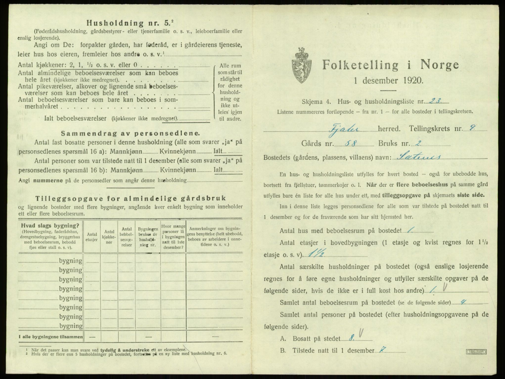 SAB, 1920 census for Fjaler, 1920, p. 702