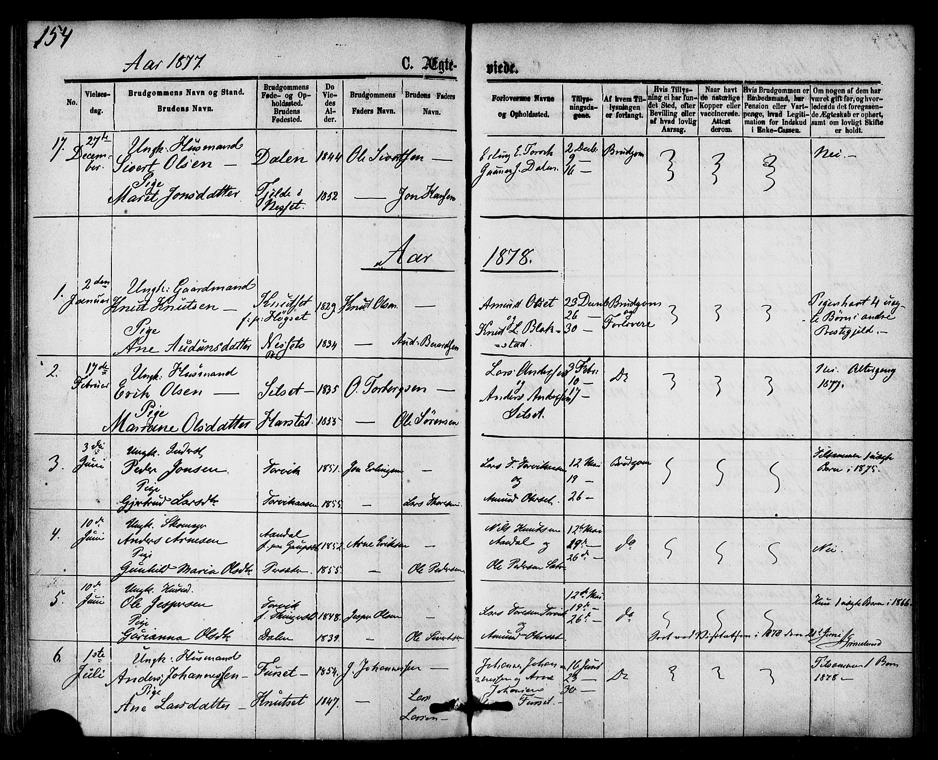 Ministerialprotokoller, klokkerbøker og fødselsregistre - Møre og Romsdal, AV/SAT-A-1454/584/L0966: Parish register (official) no. 584A06, 1869-1878, p. 154