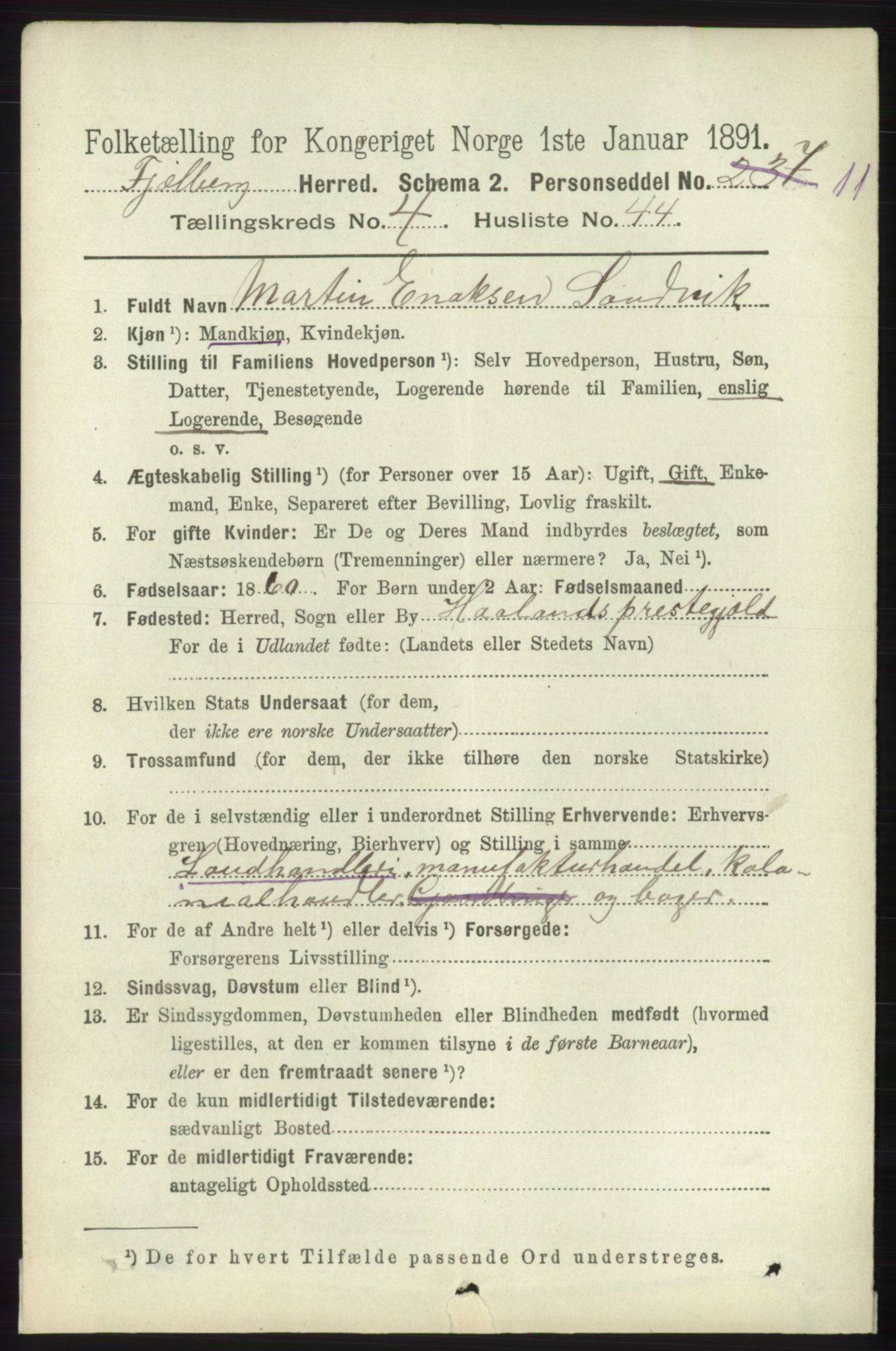 RA, 1891 census for 1213 Fjelberg, 1891, p. 1407