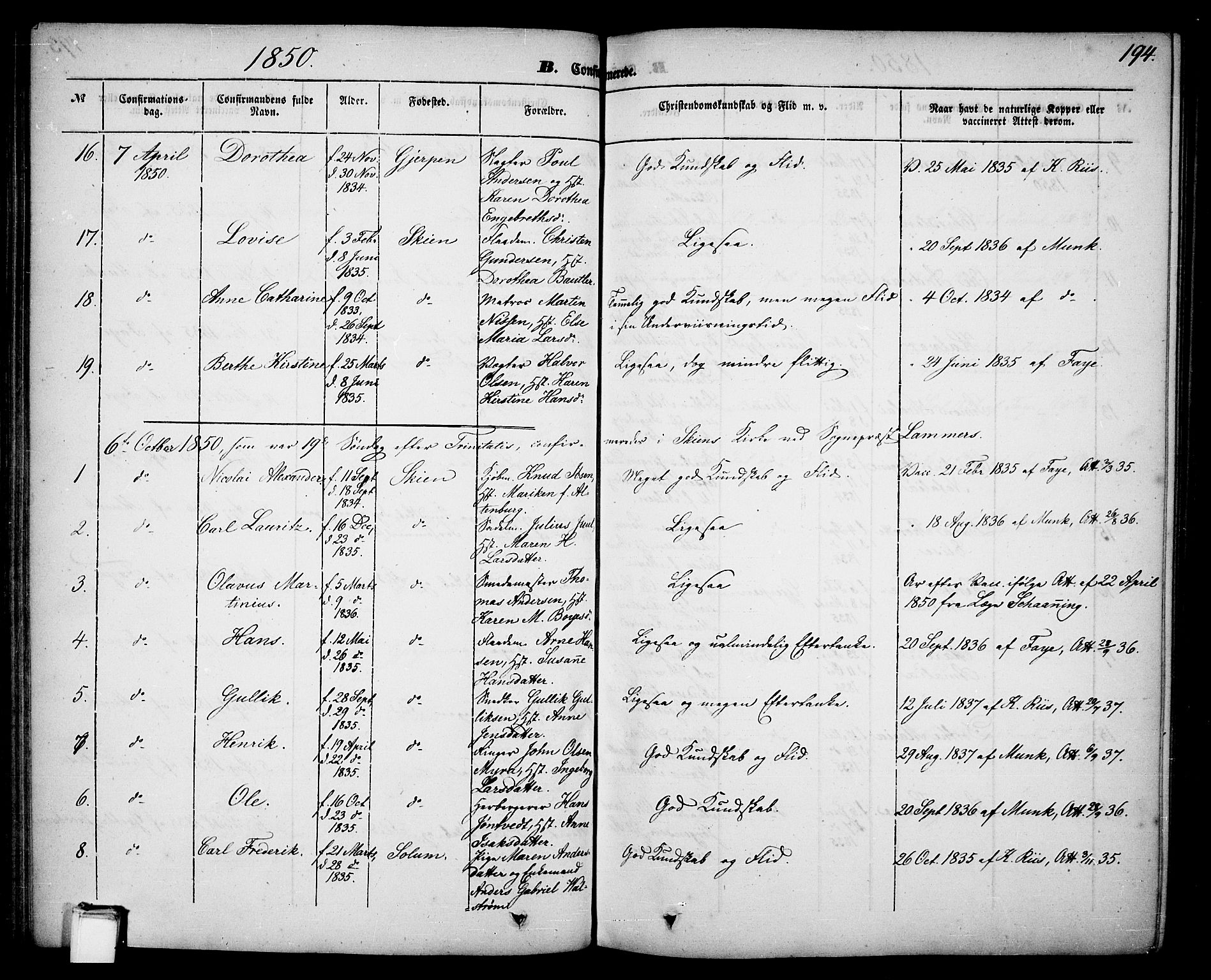 Skien kirkebøker, AV/SAKO-A-302/G/Ga/L0004: Parish register (copy) no. 4, 1843-1867, p. 194