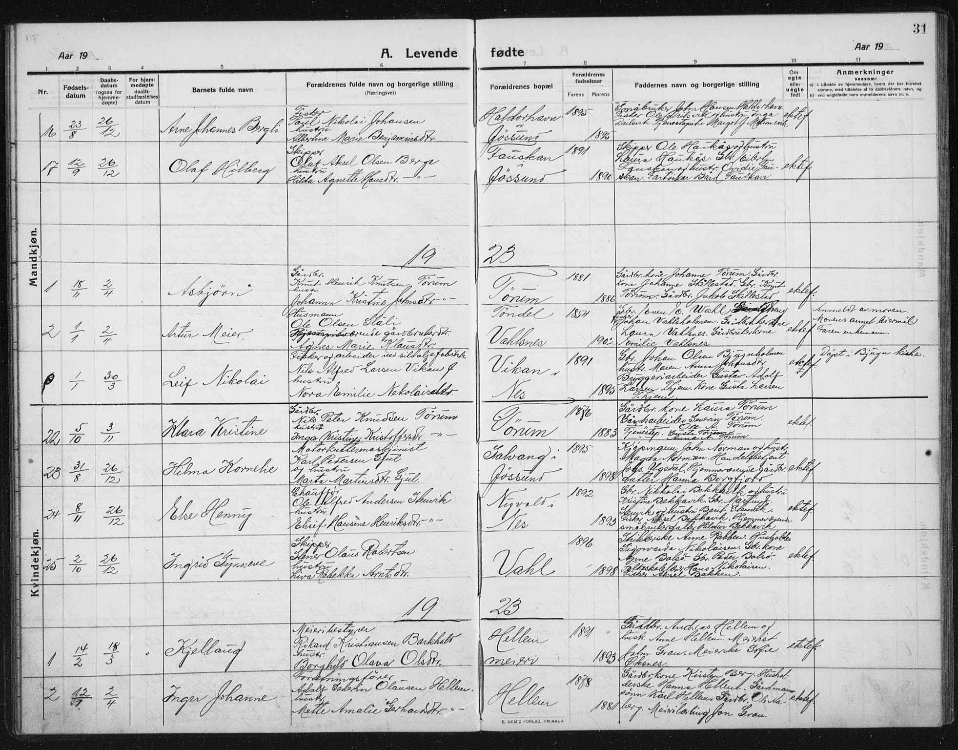 Ministerialprotokoller, klokkerbøker og fødselsregistre - Sør-Trøndelag, SAT/A-1456/652/L0654: Parish register (copy) no. 652C02, 1910-1937, p. 31