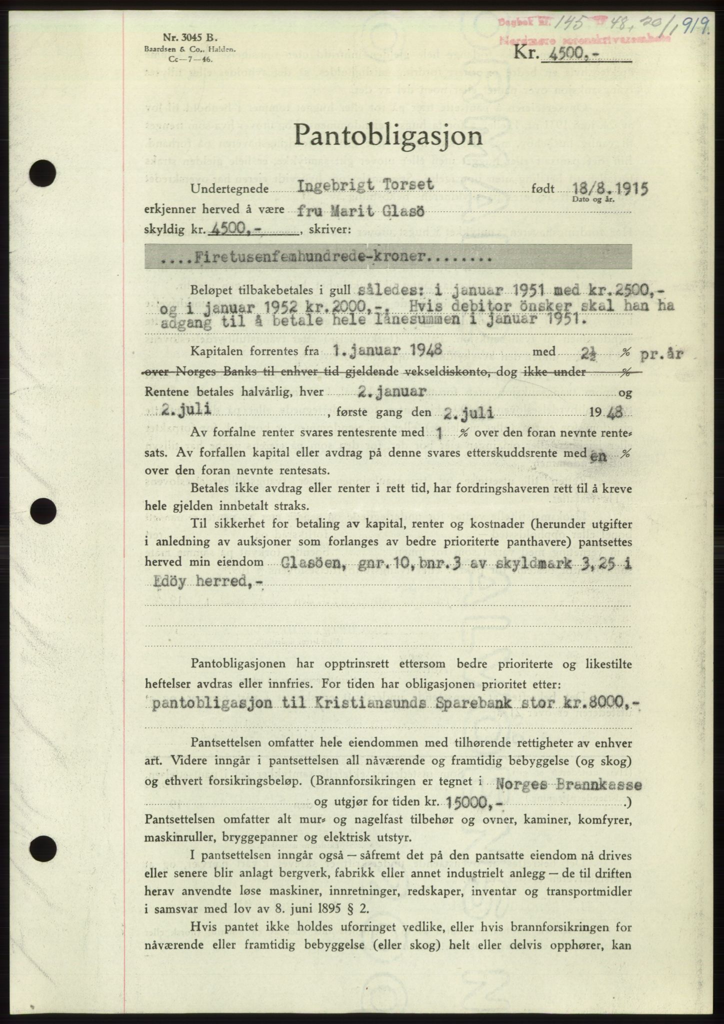 Nordmøre sorenskriveri, AV/SAT-A-4132/1/2/2Ca: Mortgage book no. B97, 1947-1948, Diary no: : 145/1948