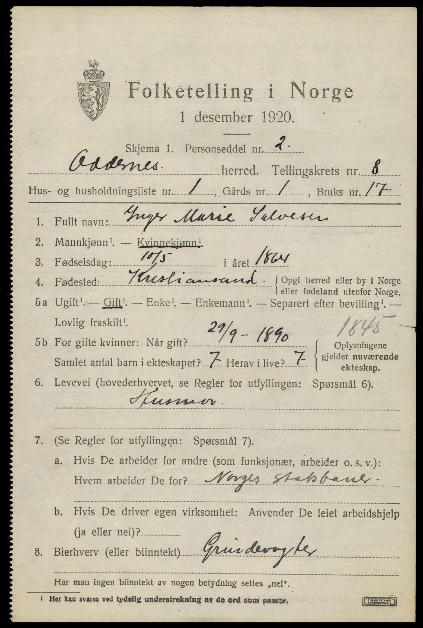 SAK, 1920 census for Oddernes, 1920, p. 5571