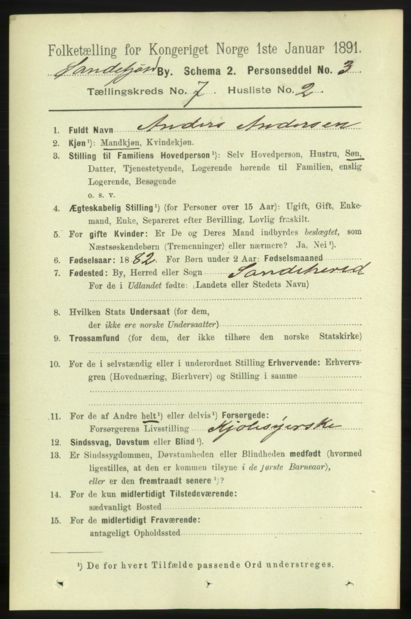 RA, 1891 census for 0706 Sandefjord, 1891, p. 2891