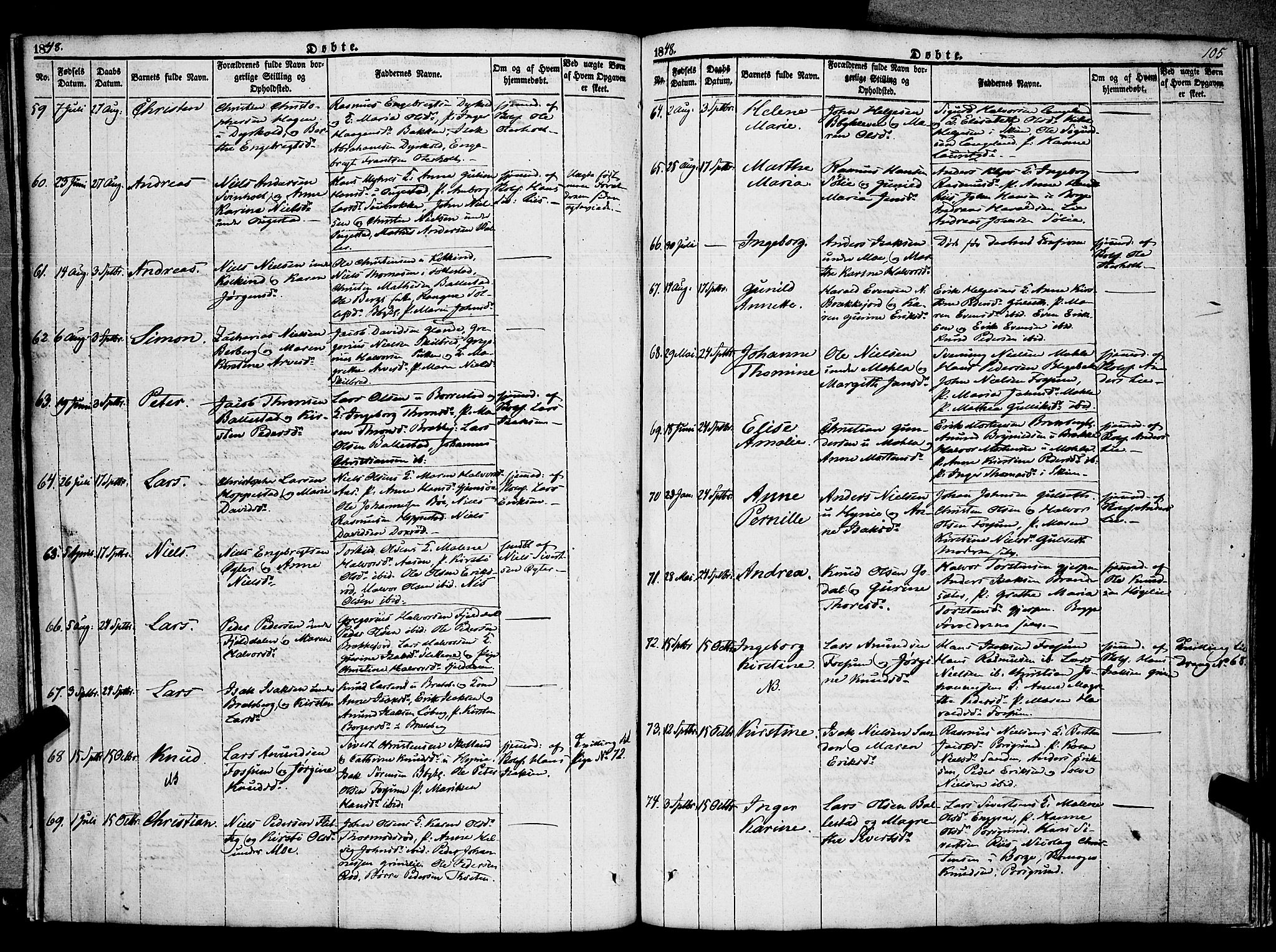 Gjerpen kirkebøker, SAKO/A-265/F/Fa/L0007a: Parish register (official) no. I 7A, 1834-1857, p. 105