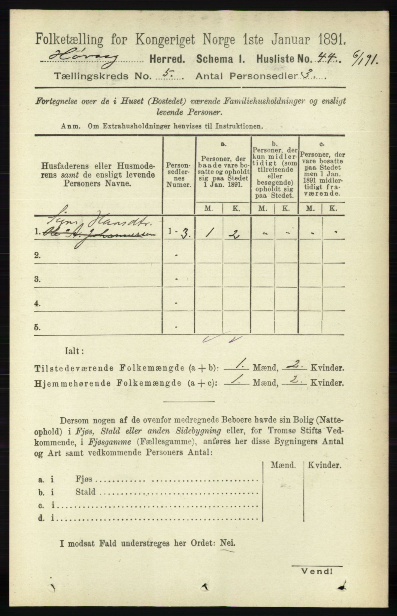 RA, 1891 census for 0927 Høvåg, 1891, p. 1829