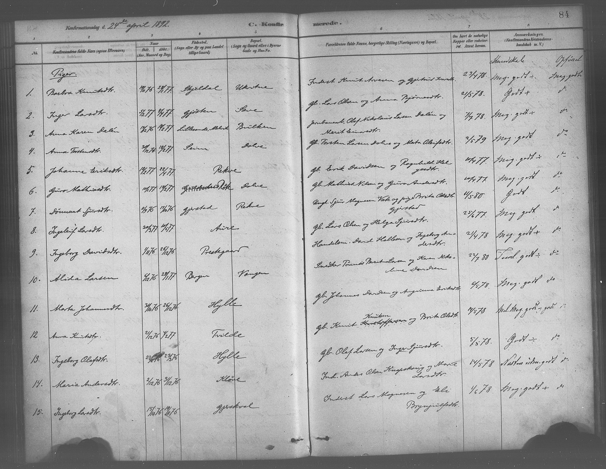 Voss sokneprestembete, AV/SAB-A-79001/H/Haa: Parish register (official) no. B 1, 1877-1899, p. 84