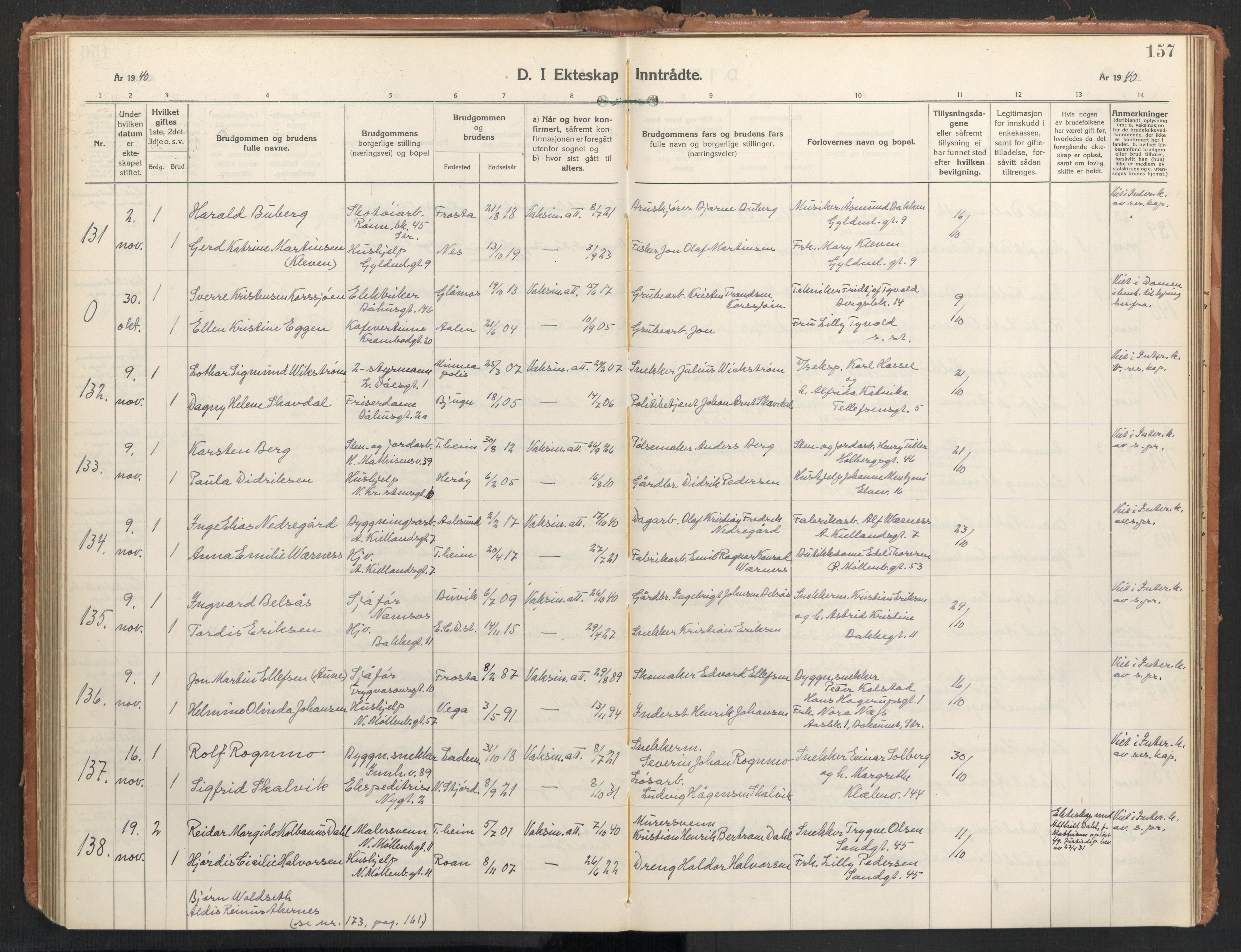 Ministerialprotokoller, klokkerbøker og fødselsregistre - Sør-Trøndelag, AV/SAT-A-1456/604/L0209: Parish register (official) no. 604A29, 1931-1945, p. 157