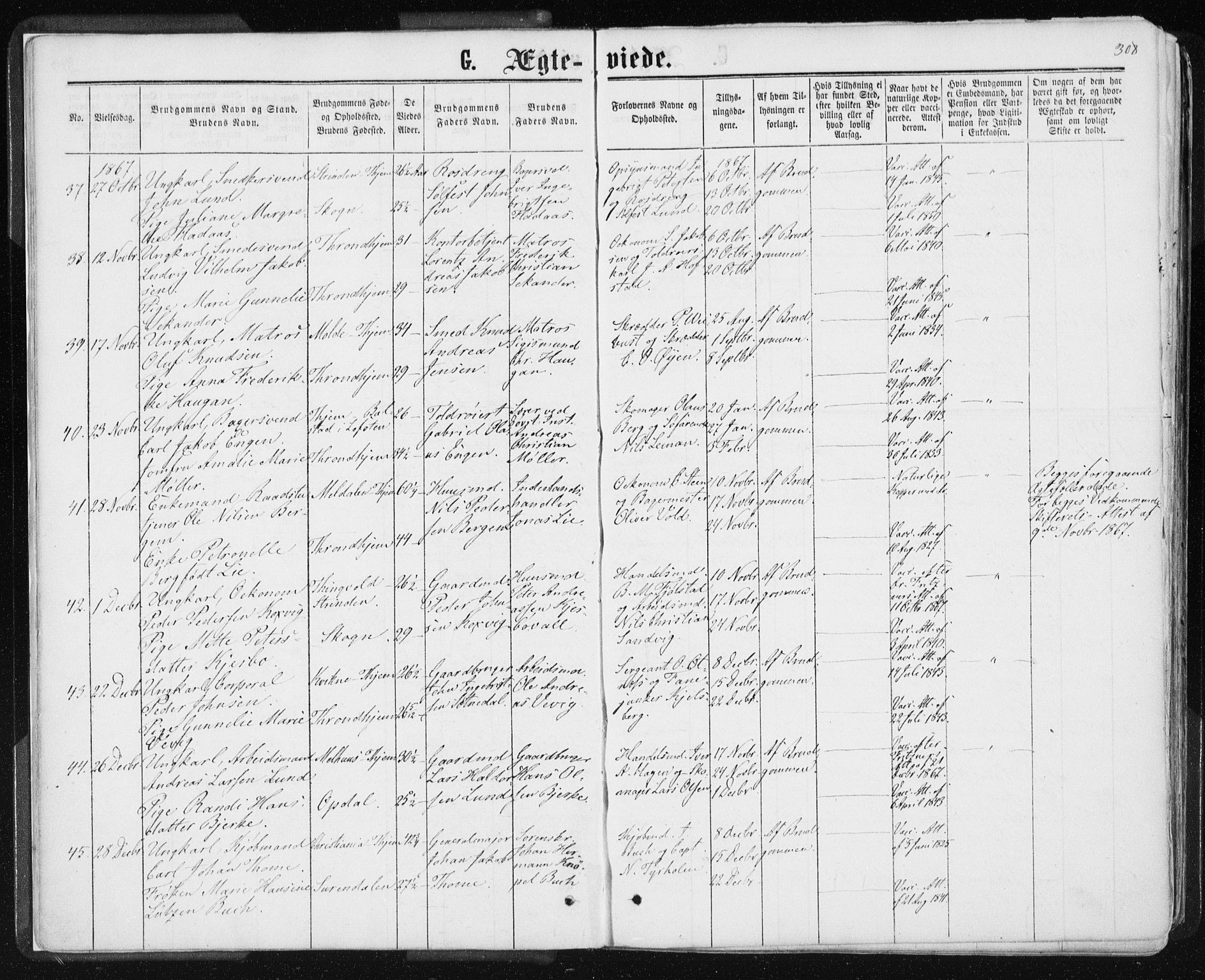 Ministerialprotokoller, klokkerbøker og fødselsregistre - Sør-Trøndelag, SAT/A-1456/601/L0055: Parish register (official) no. 601A23, 1866-1877, p. 308