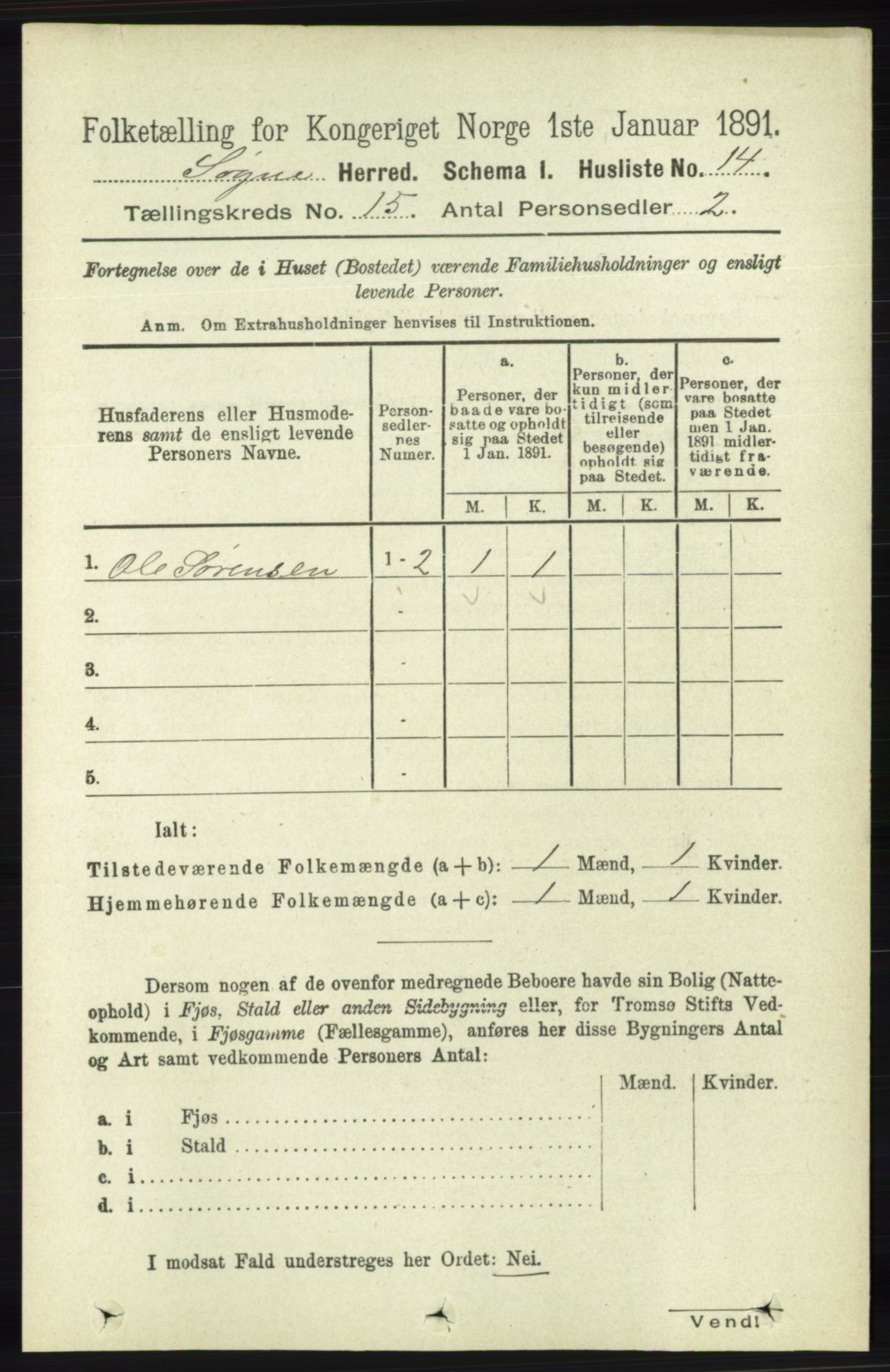 RA, 1891 census for 1018 Søgne, 1891, p. 3811