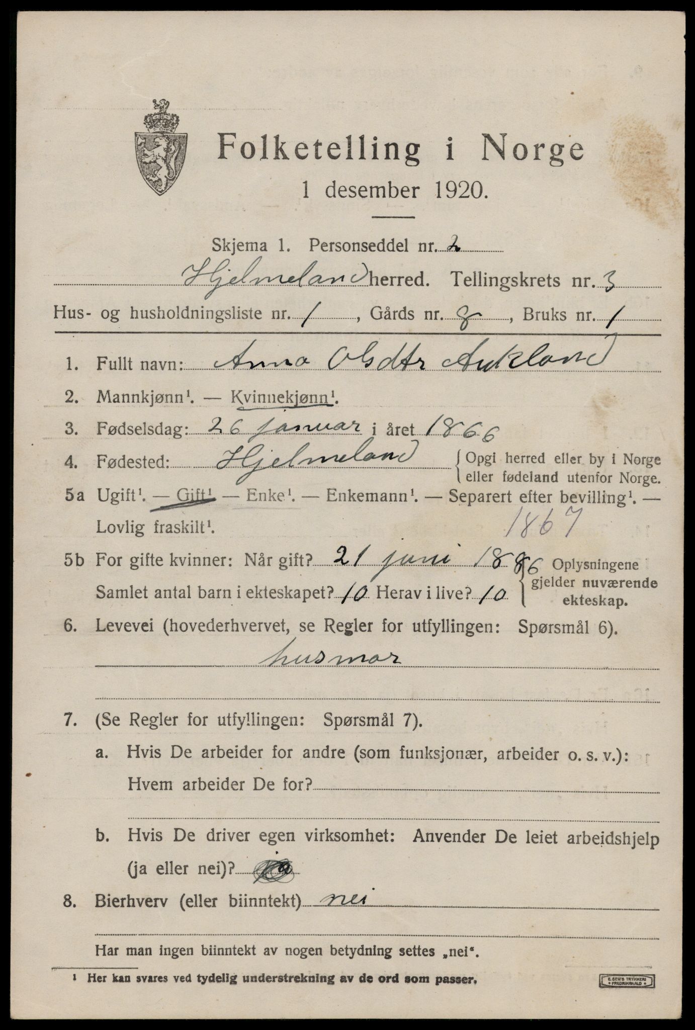 SAST, 1920 census for Hjelmeland, 1920, p. 1263