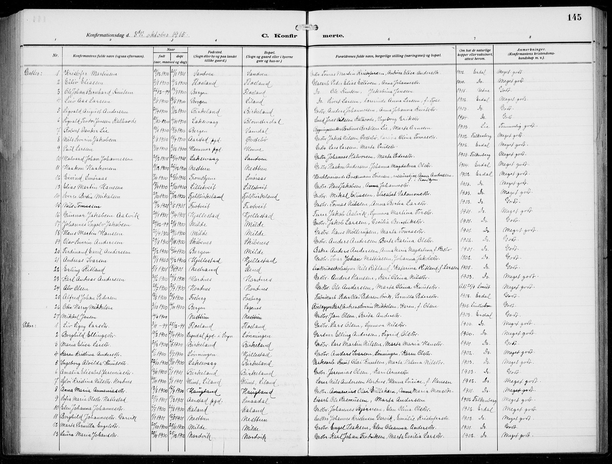 Fana Sokneprestembete, AV/SAB-A-75101/H/Hab/Haba/L0005: Parish register (copy) no. A 5, 1911-1932, p. 145