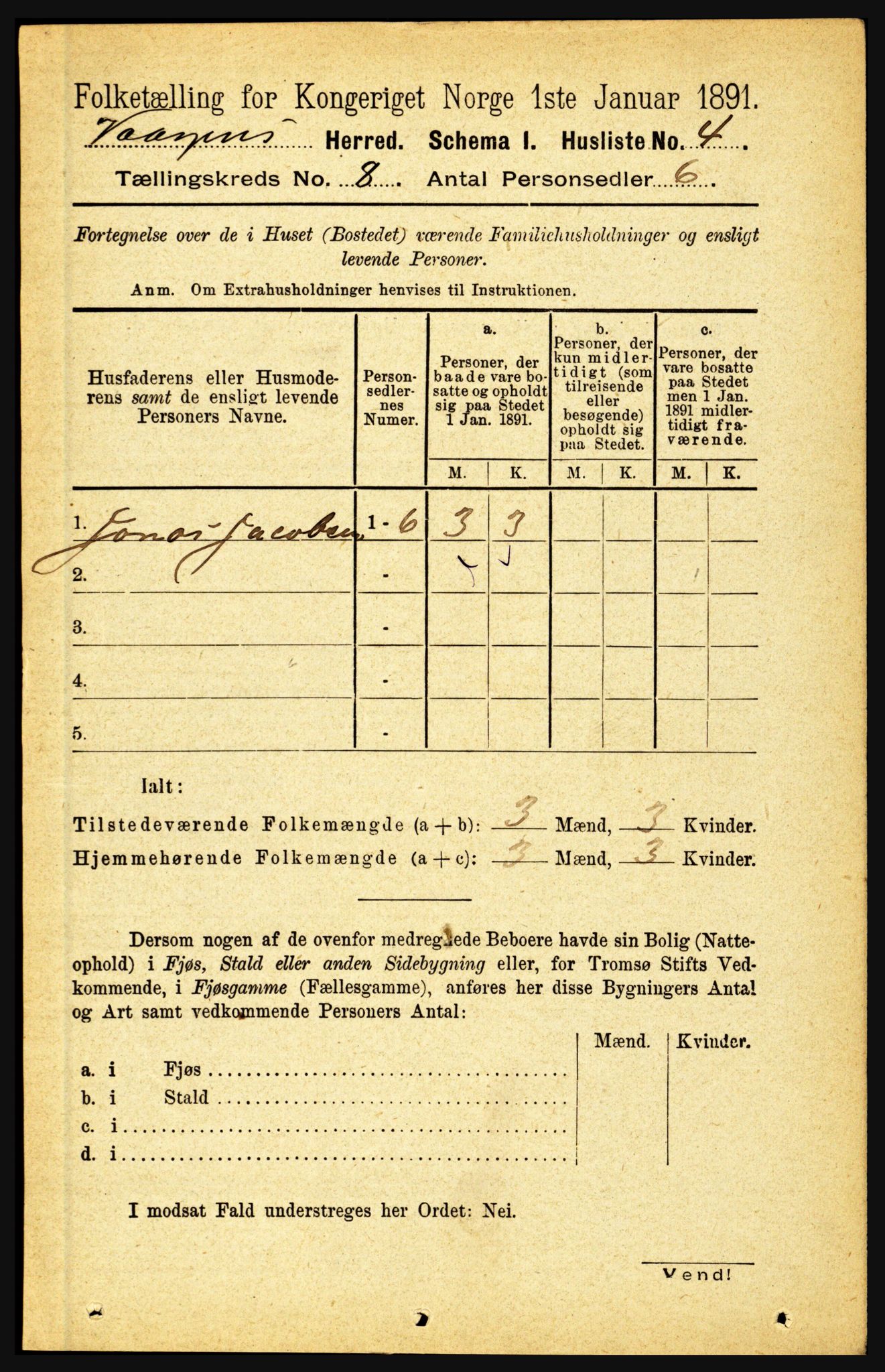 RA, 1891 census for 1865 Vågan, 1891, p. 2077