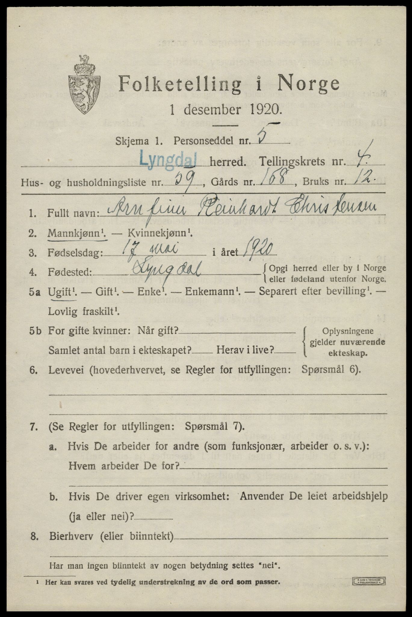 SAK, 1920 census for Lyngdal, 1920, p. 2997