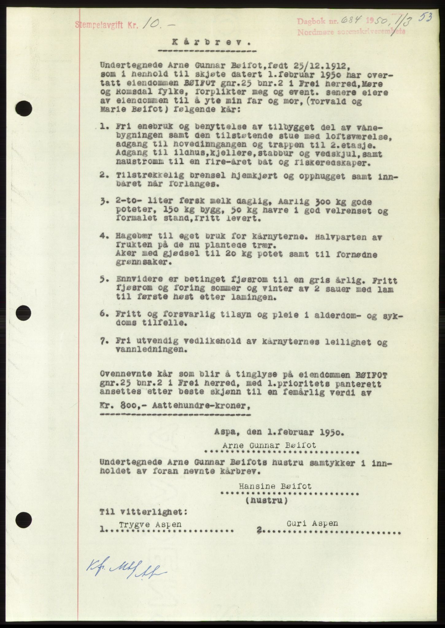 Nordmøre sorenskriveri, AV/SAT-A-4132/1/2/2Ca: Mortgage book no. B104, 1950-1950, Diary no: : 684/1950