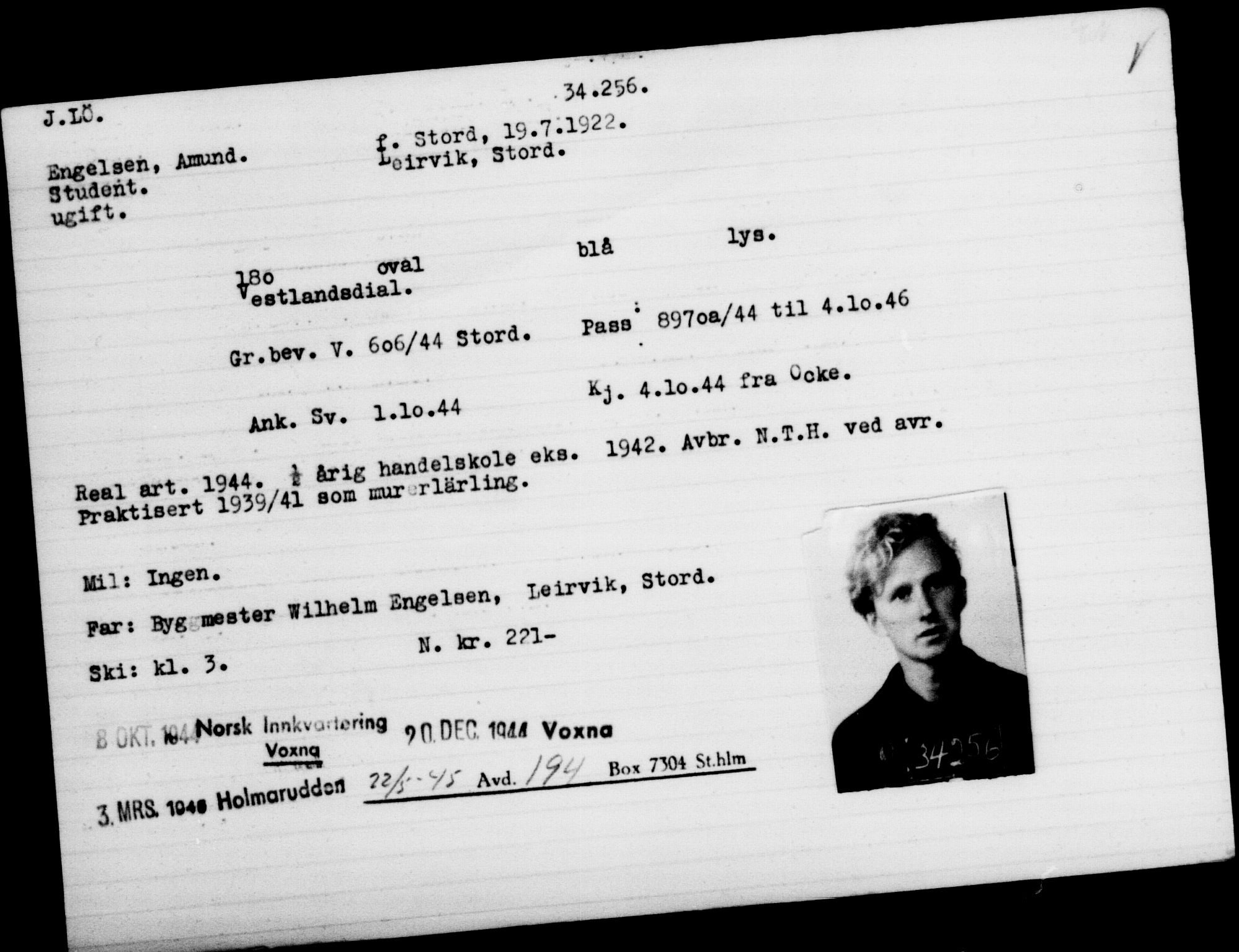 Utenriksstasjonene, Legasjonen i Stockholm, Flyktningkontoret, AV/RA-S-6753/V/Va/L0013: Kjesäterkartoteket, flyktninger med registreringsnr. 31500-34731, 1940-1945, p. 2908