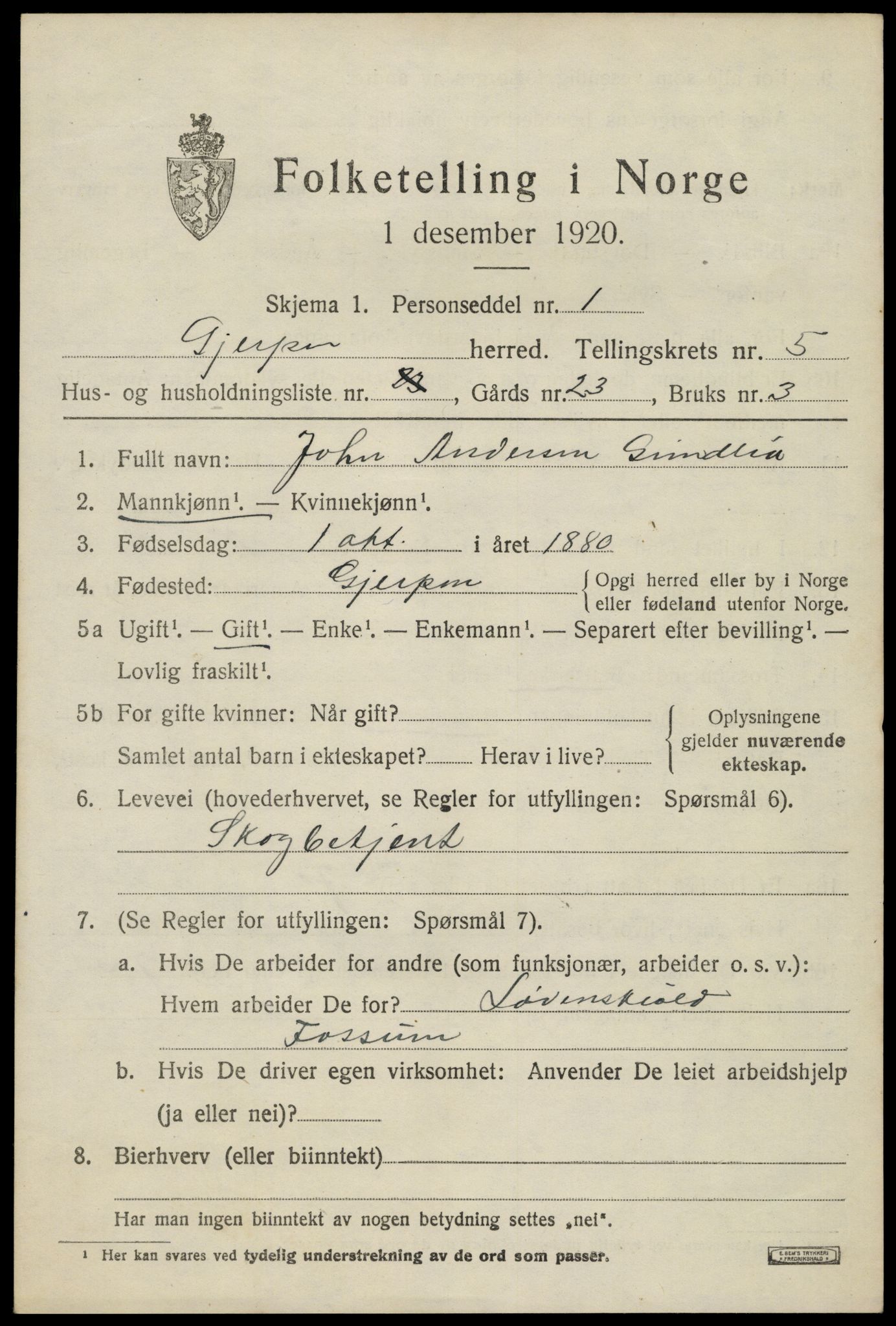 SAKO, 1920 census for Gjerpen, 1920, p. 6378