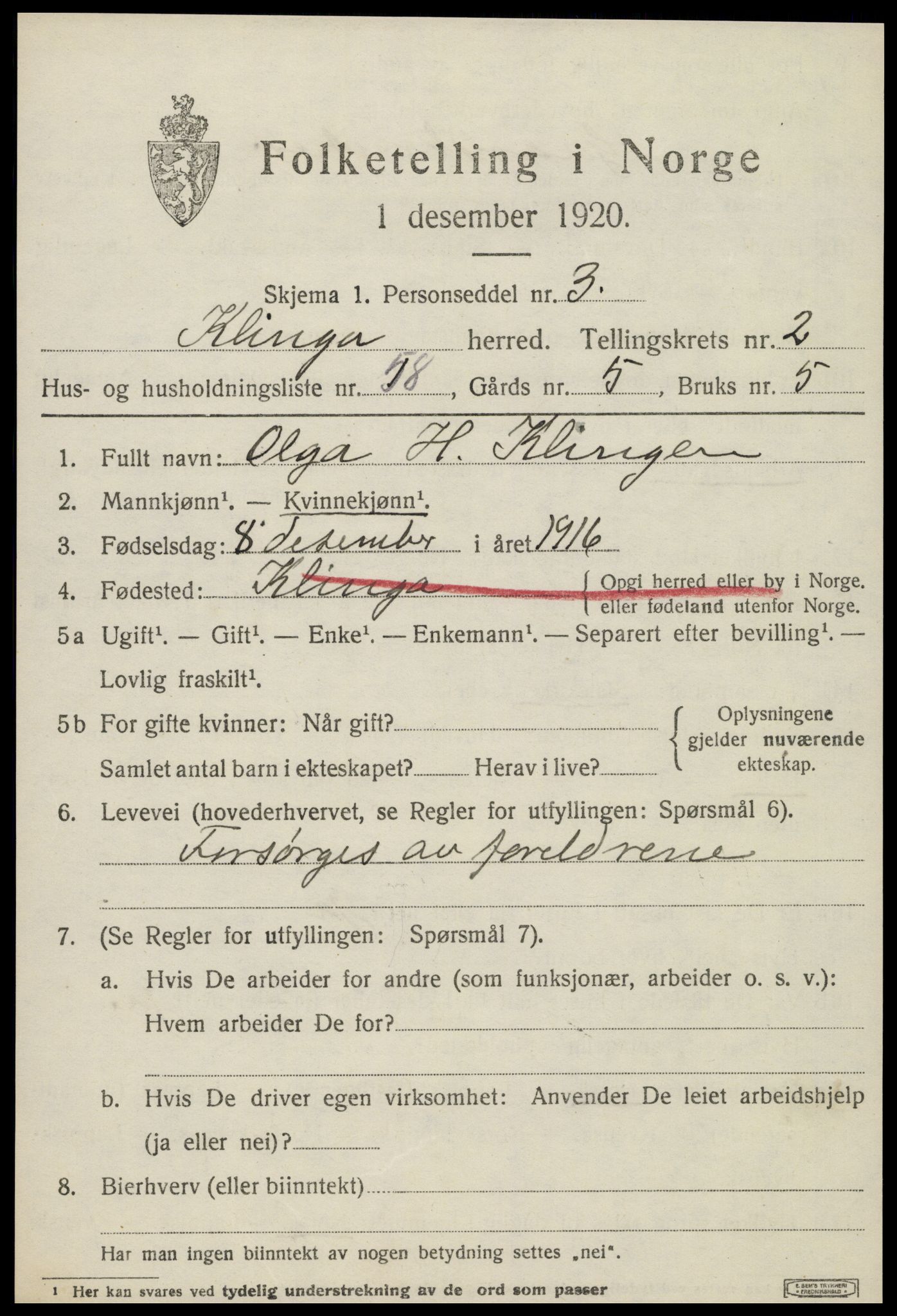 SAT, 1920 census for Klinga, 1920, p. 2055