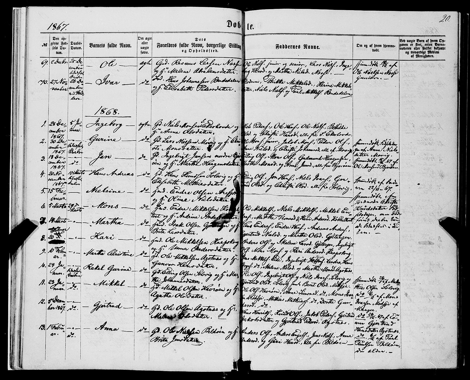 Fjell sokneprestembete, SAB/A-75301/H/Haa: Parish register (official) no. A 3, 1864-1877, p. 20