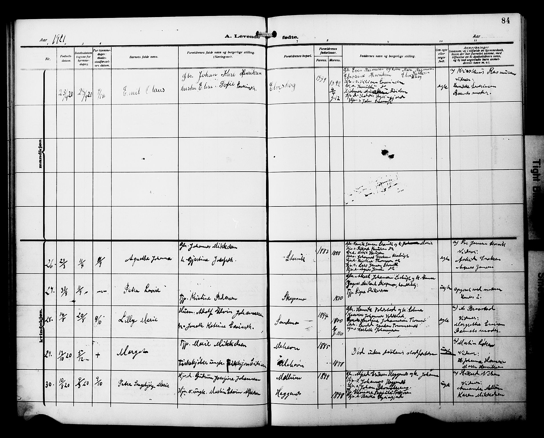 Skjervøy sokneprestkontor, AV/SATØ-S-1300/H/Ha/Hab/L0022klokker: Parish register (copy) no. 22, 1910-1926, p. 84