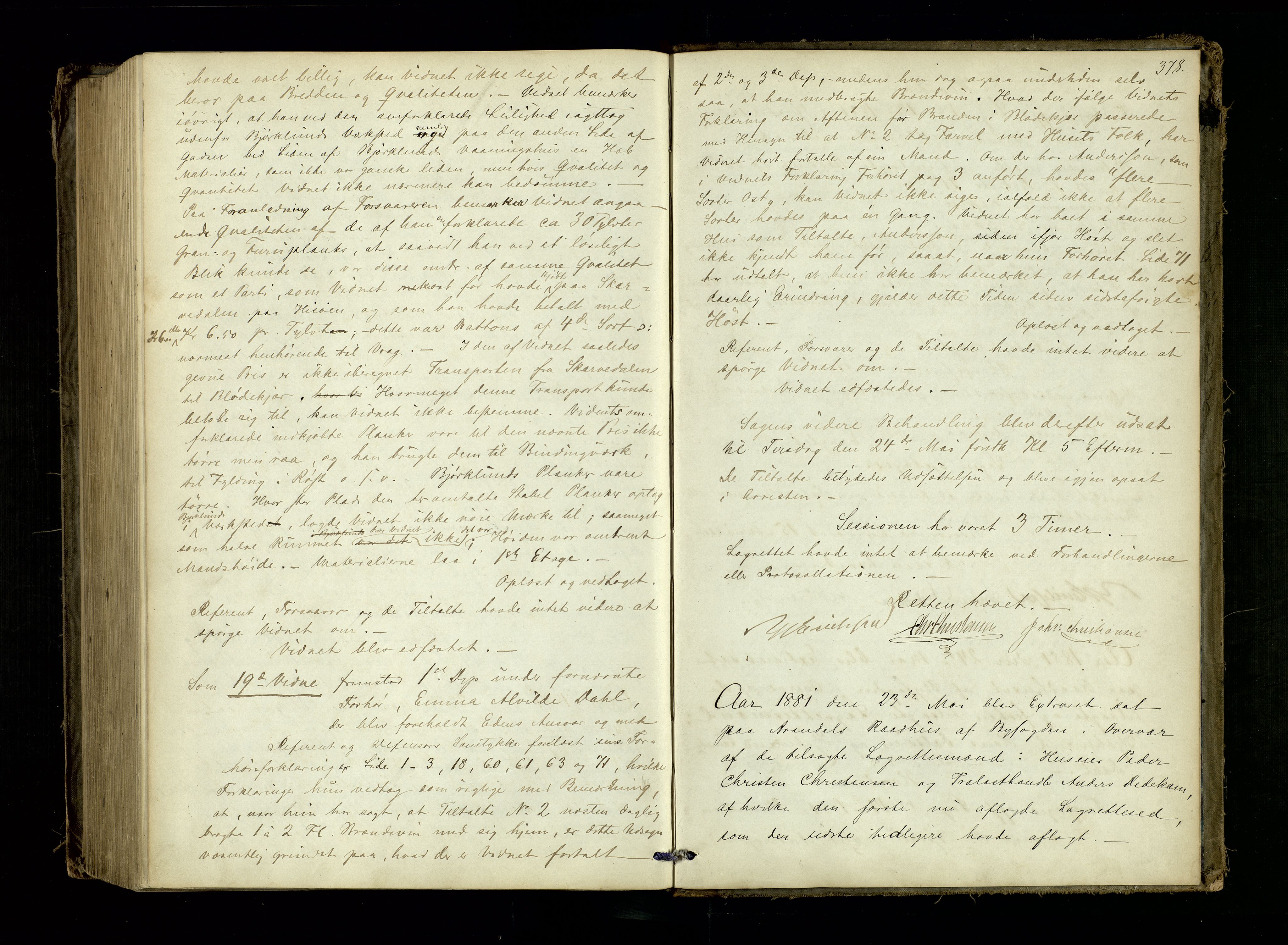 Arendal byfogd, AV/SAK-1222-0001/F/Fb/L0011: Ekstrarettsprotokoll, 1875-1881, p. 378