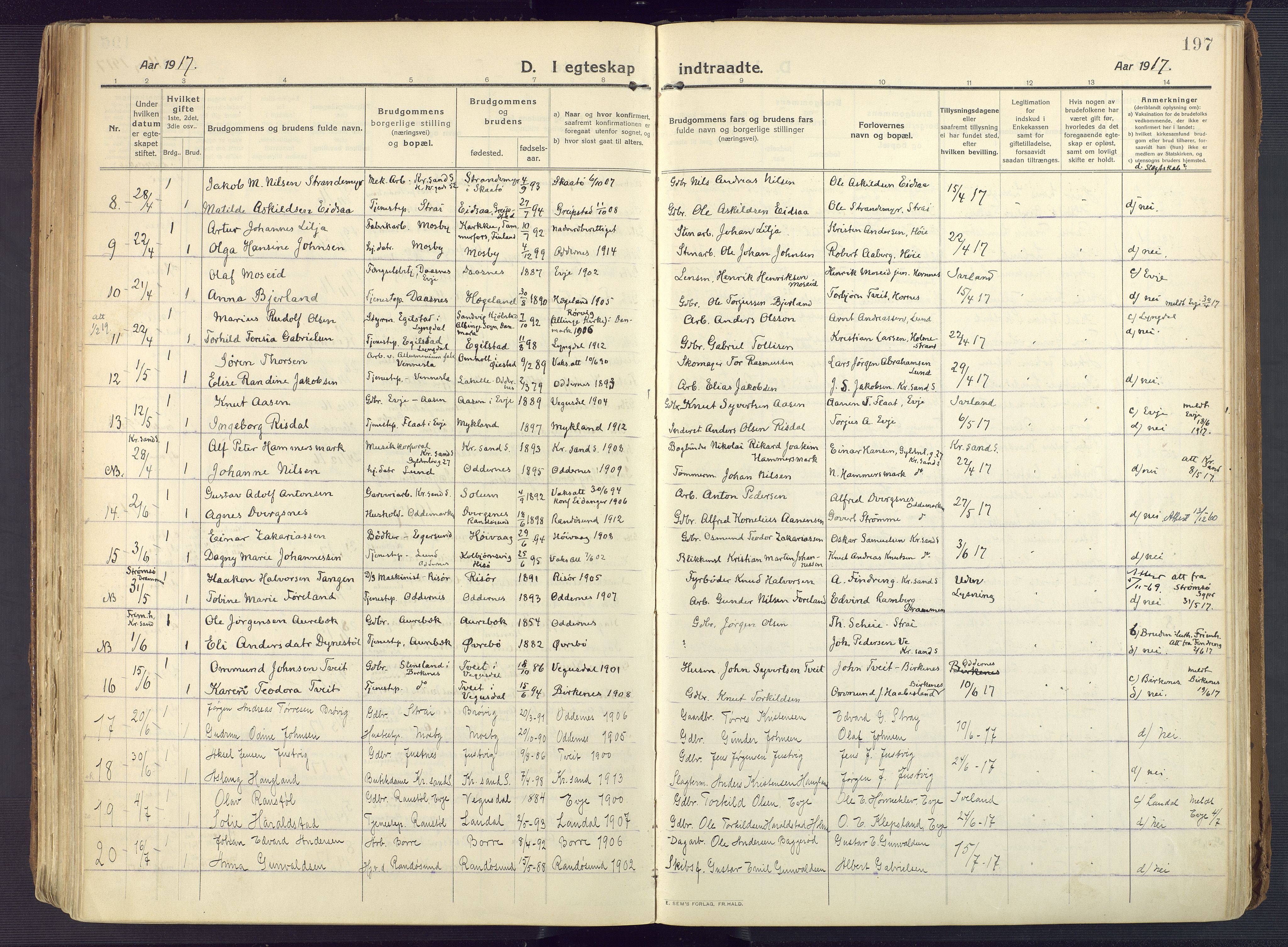 Oddernes sokneprestkontor, AV/SAK-1111-0033/F/Fa/Faa/L0012: Parish register (official) no. A 12, 1912-1925, p. 197