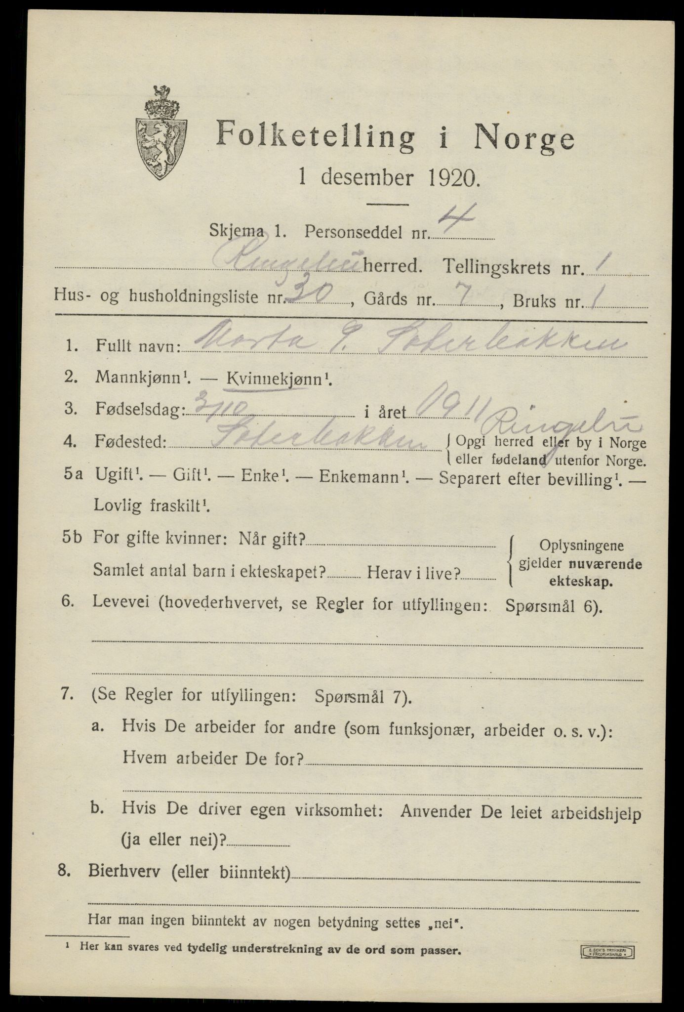 SAH, 1920 census for Ringebu, 1920, p. 1909