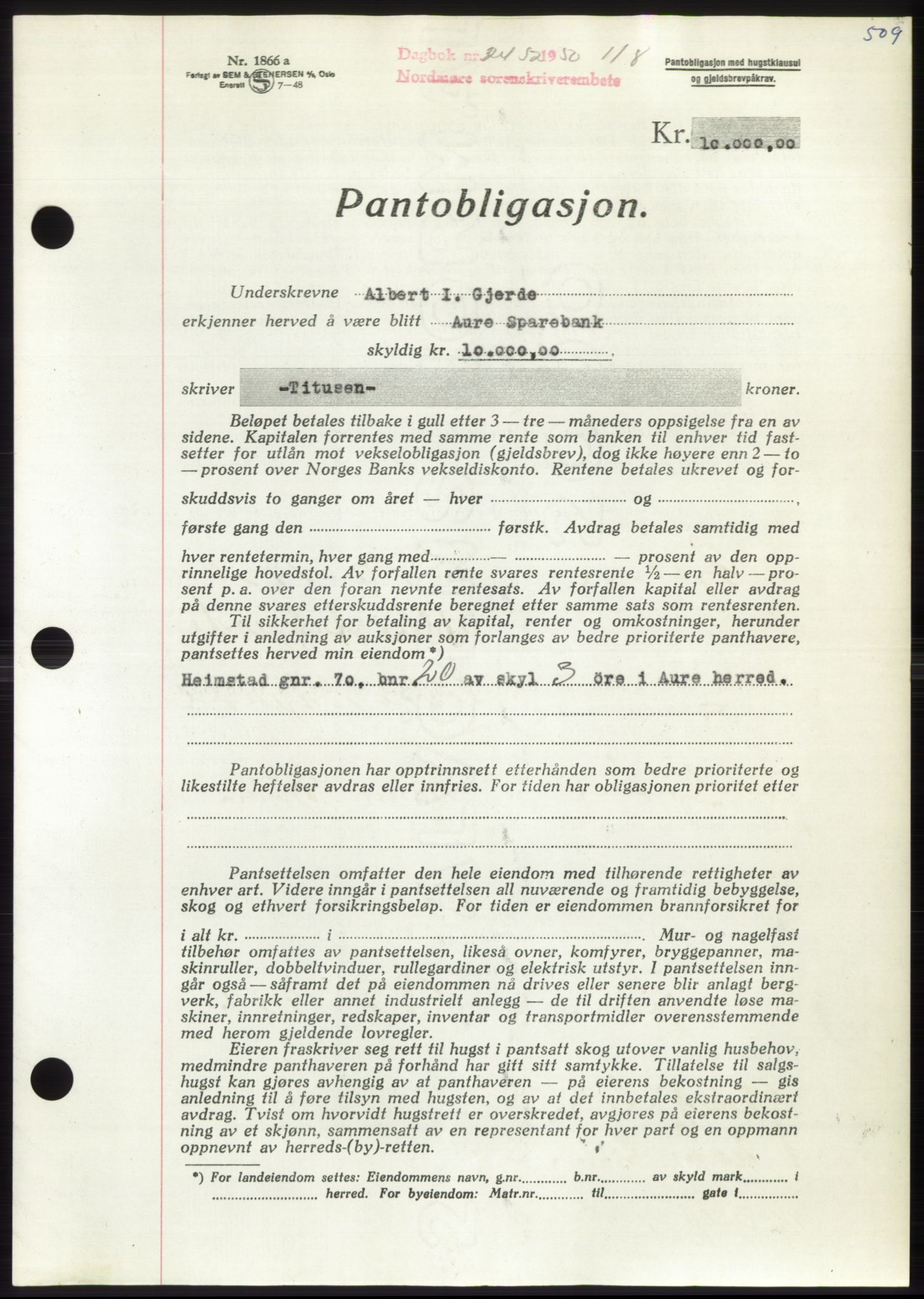 Nordmøre sorenskriveri, AV/SAT-A-4132/1/2/2Ca: Mortgage book no. B105, 1950-1950, Diary no: : 2452/1950