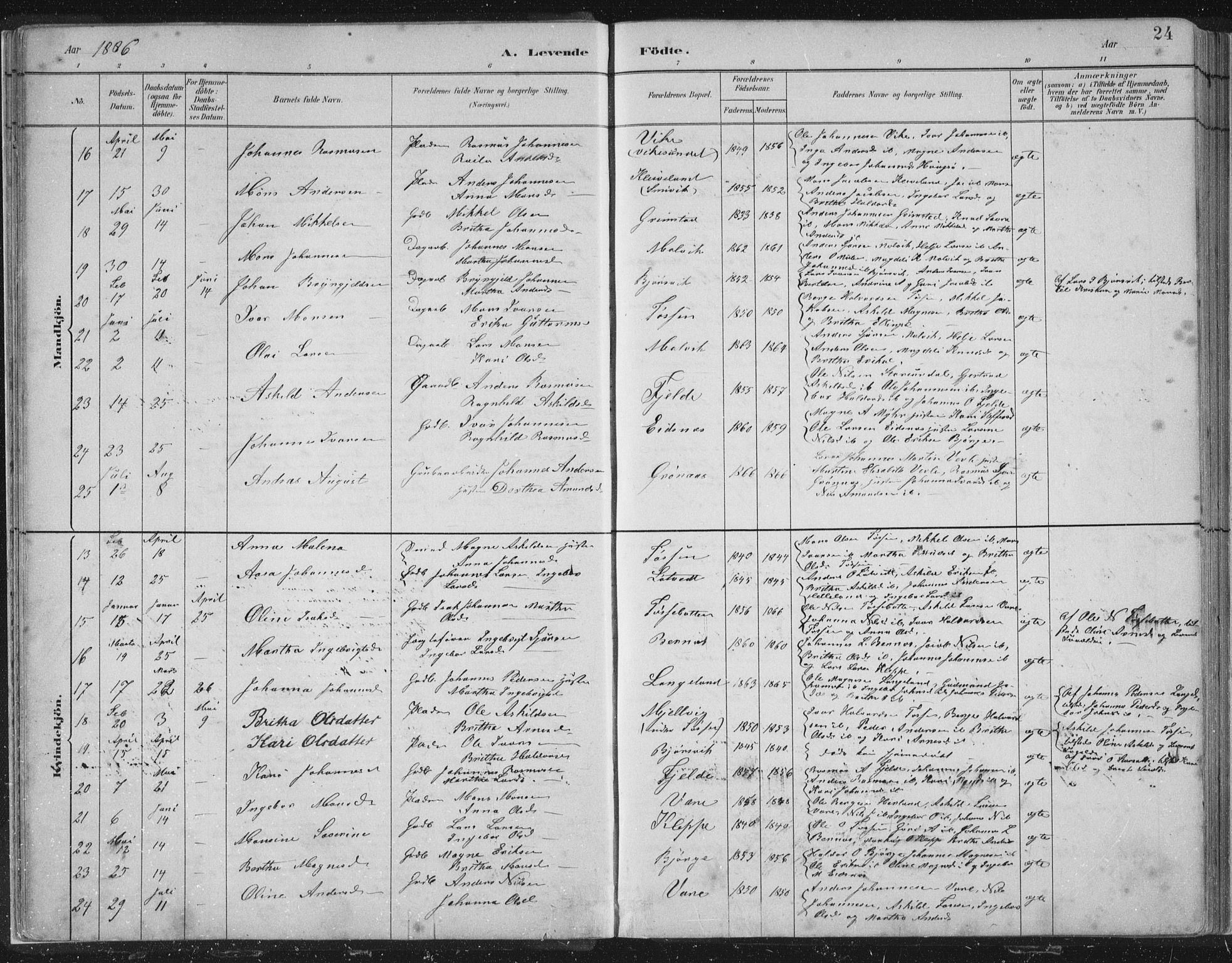 Hosanger sokneprestembete, SAB/A-75801/H/Hab: Parish register (copy) no. A 3 I, 1882-1903, p. 24