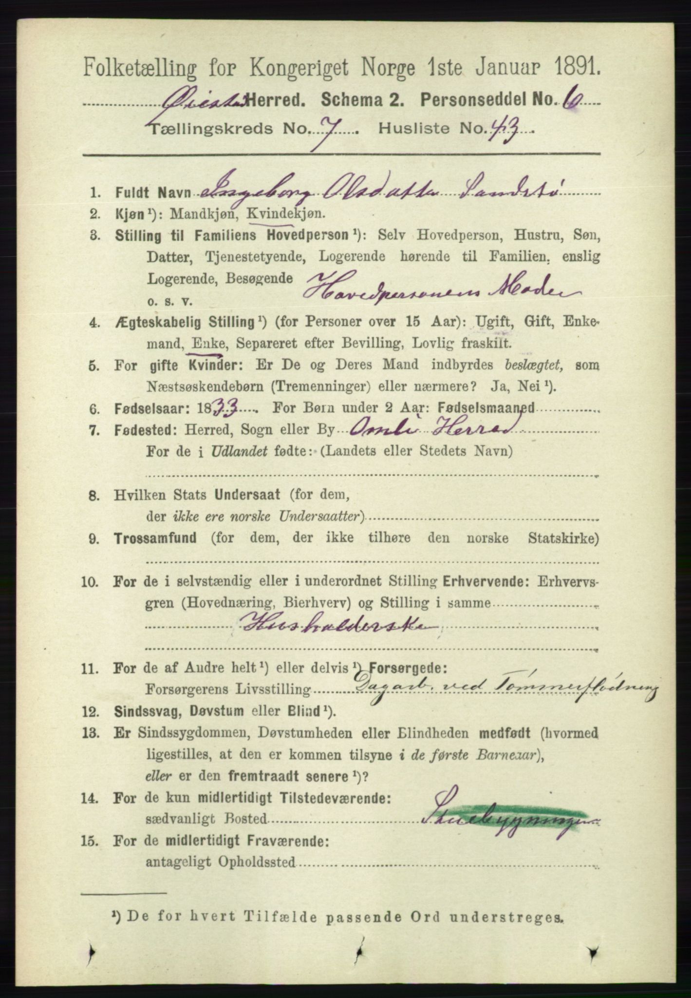 RA, 1891 census for 0920 Øyestad, 1891, p. 2903