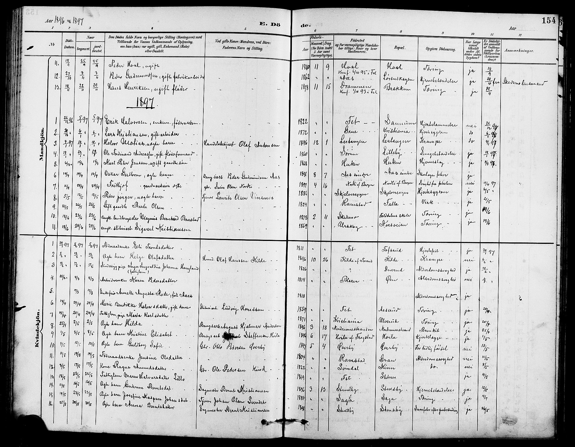 Fet prestekontor Kirkebøker, AV/SAO-A-10370a/G/Ga/L0007: Parish register (copy) no. I 7, 1892-1906, p. 154