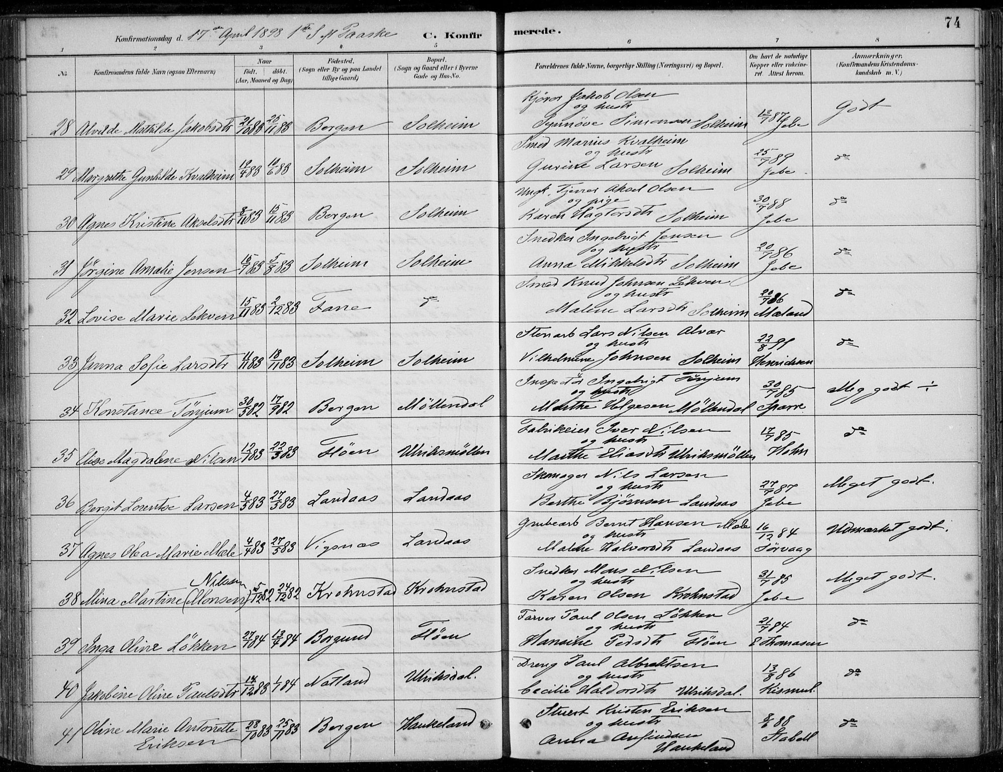 Årstad Sokneprestembete, SAB/A-79301/H/Haa/L0006: Parish register (official) no. B 1, 1886-1901, p. 74