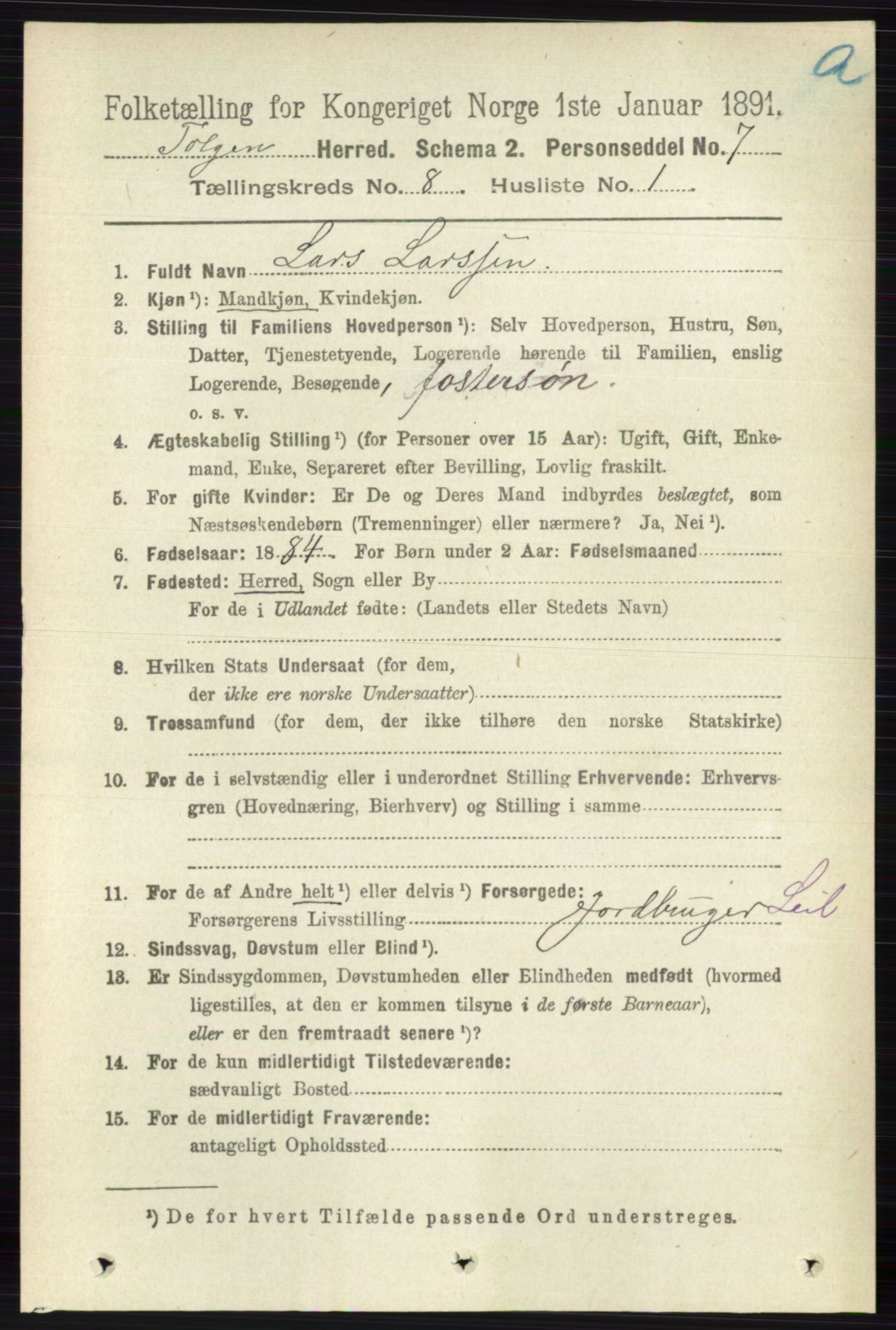 RA, 1891 census for 0436 Tolga, 1891, p. 2368