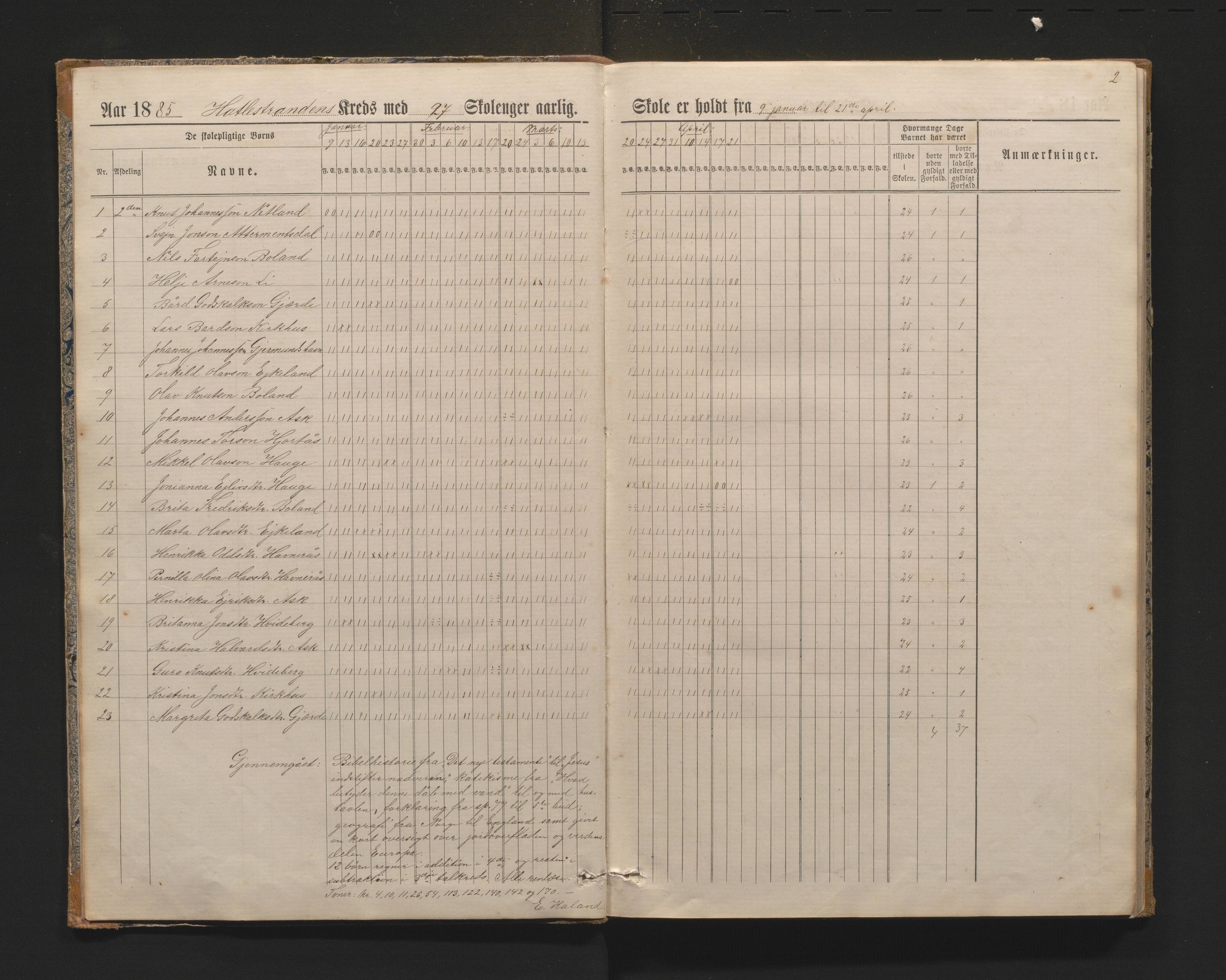 Kvinnherad kommune. Barneskulane, IKAH/1224-231/G/Gb/L0001: Dagbok for Hatlestrand skulekrins , 1885-1895