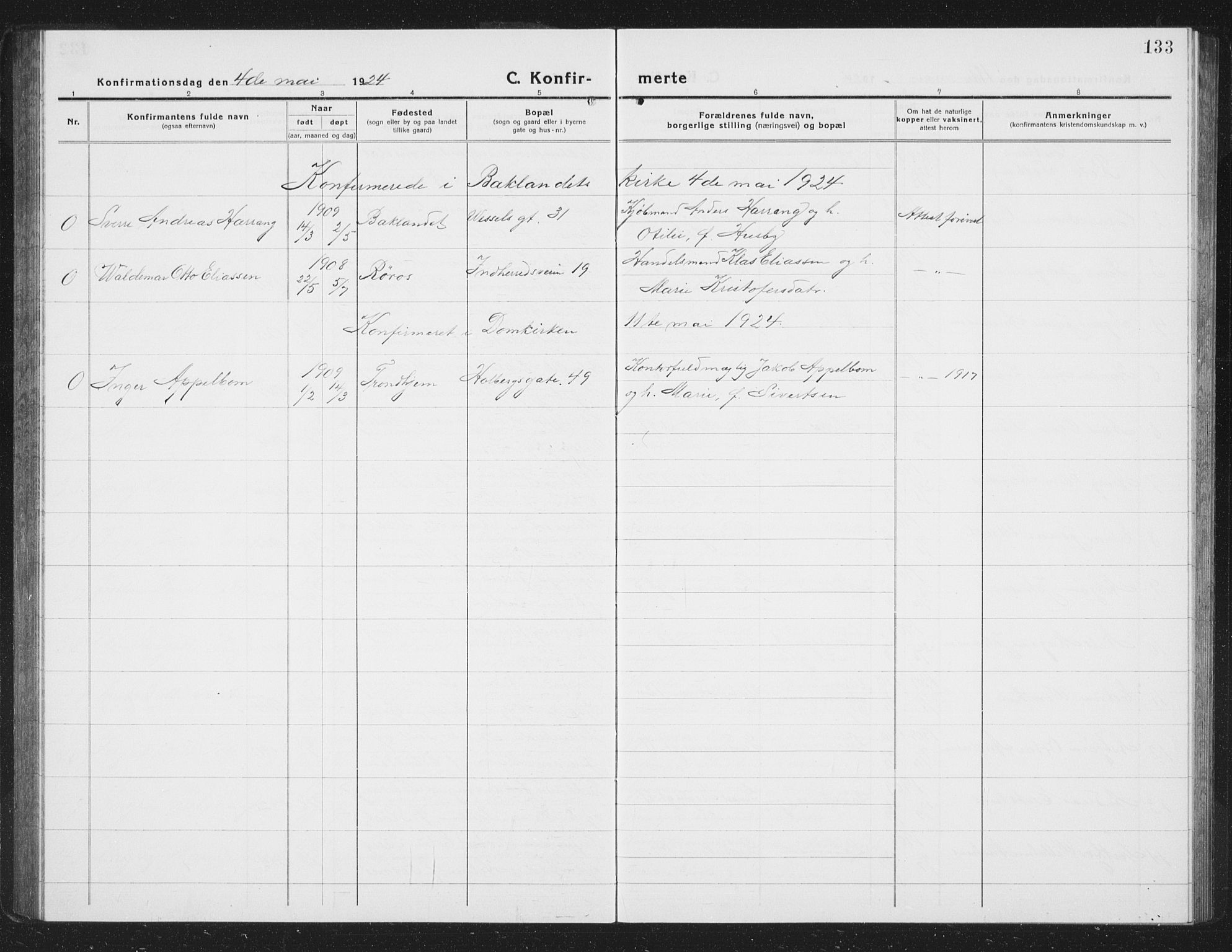 Ministerialprotokoller, klokkerbøker og fødselsregistre - Sør-Trøndelag, SAT/A-1456/605/L0258: Parish register (copy) no. 605C05, 1918-1930, p. 133