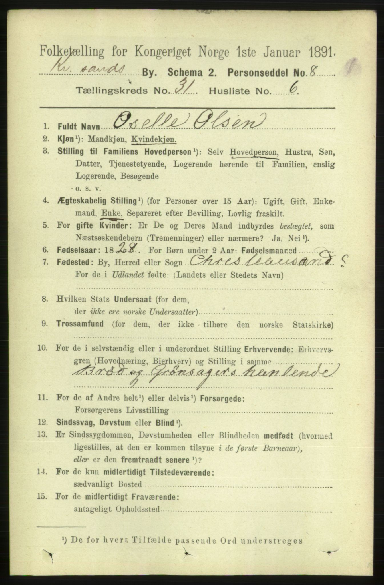 RA, 1891 census for 1001 Kristiansand, 1891, p. 9778