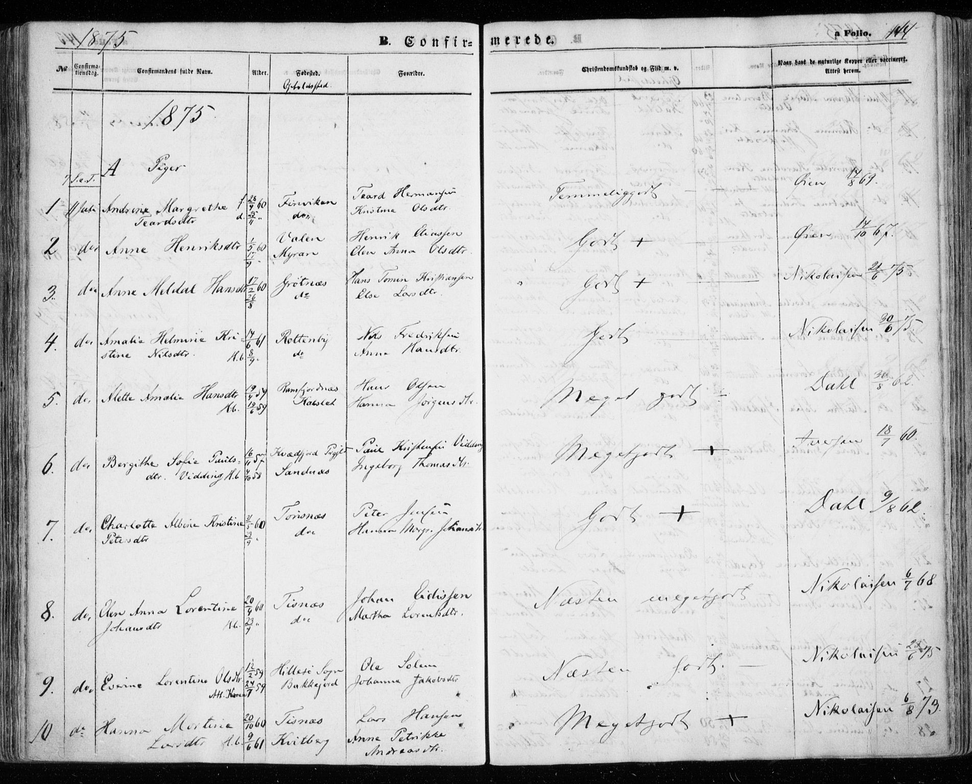 Tromsøysund sokneprestkontor, AV/SATØ-S-1304/G/Ga/L0002kirke: Parish register (official) no. 2, 1867-1875, p. 144