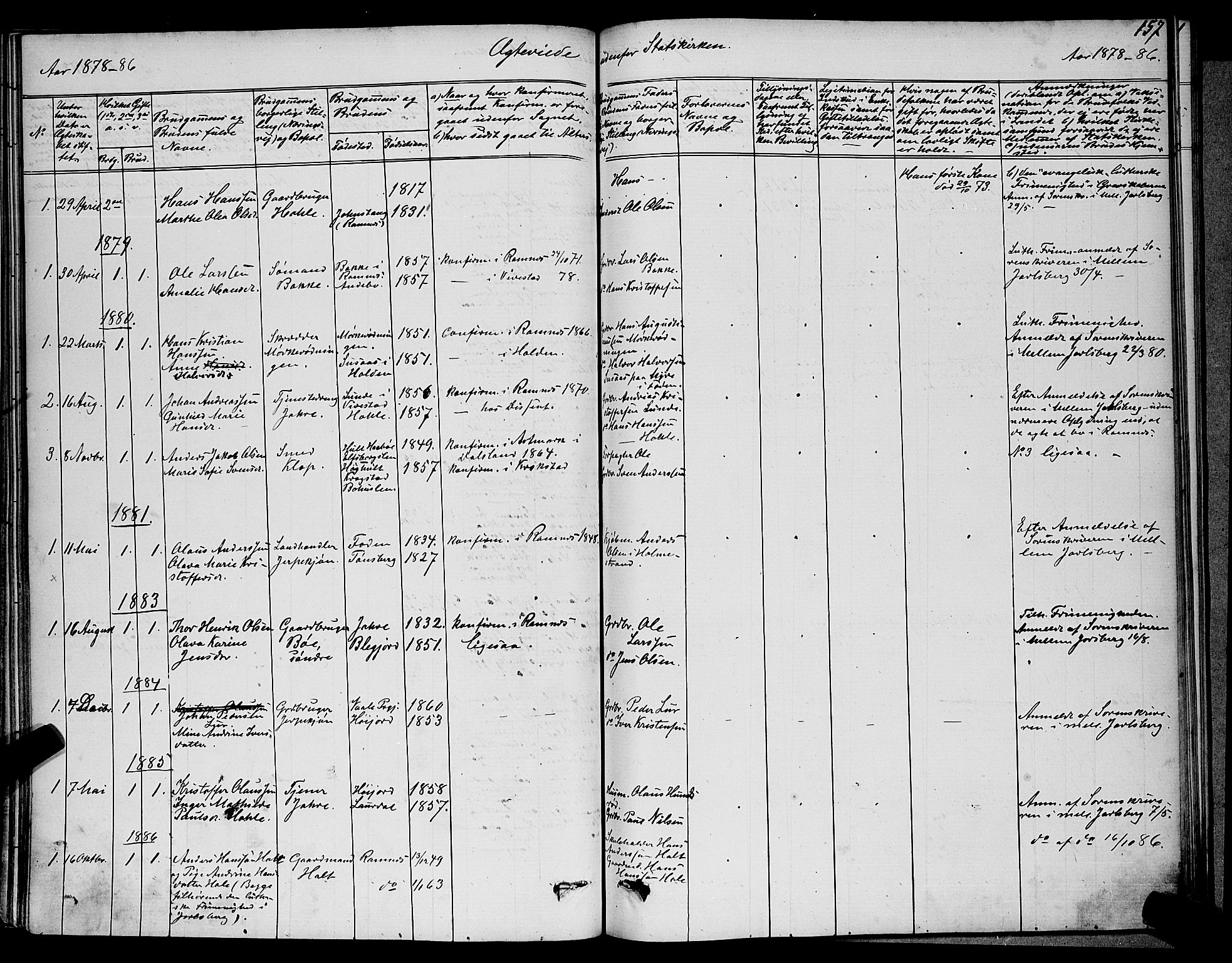 Ramnes kirkebøker, AV/SAKO-A-314/G/Ga/L0003: Parish register (copy) no. I 3, 1870-1896, p. 157