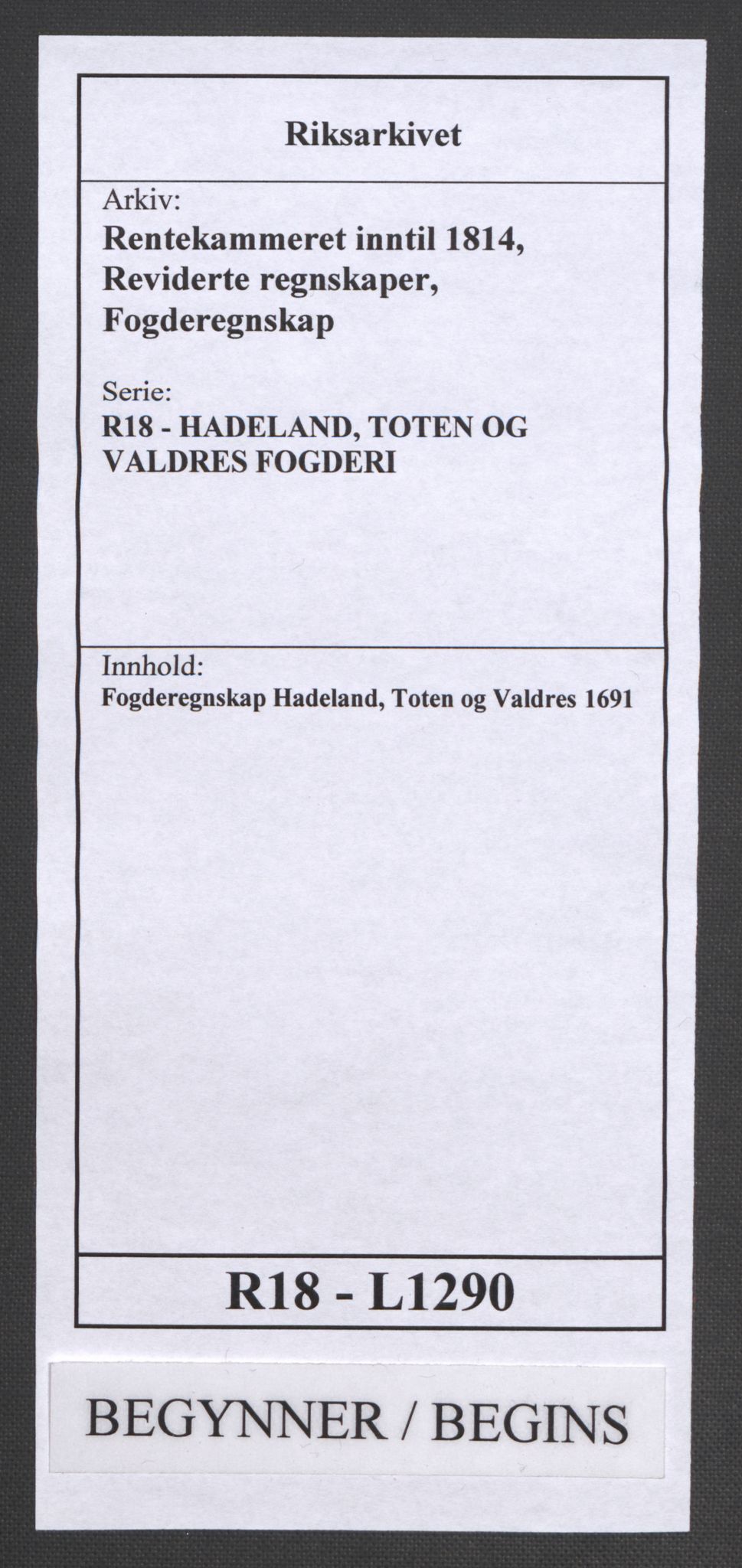 Rentekammeret inntil 1814, Reviderte regnskaper, Fogderegnskap, RA/EA-4092/R18/L1290: Fogderegnskap Hadeland, Toten og Valdres, 1691, p. 1