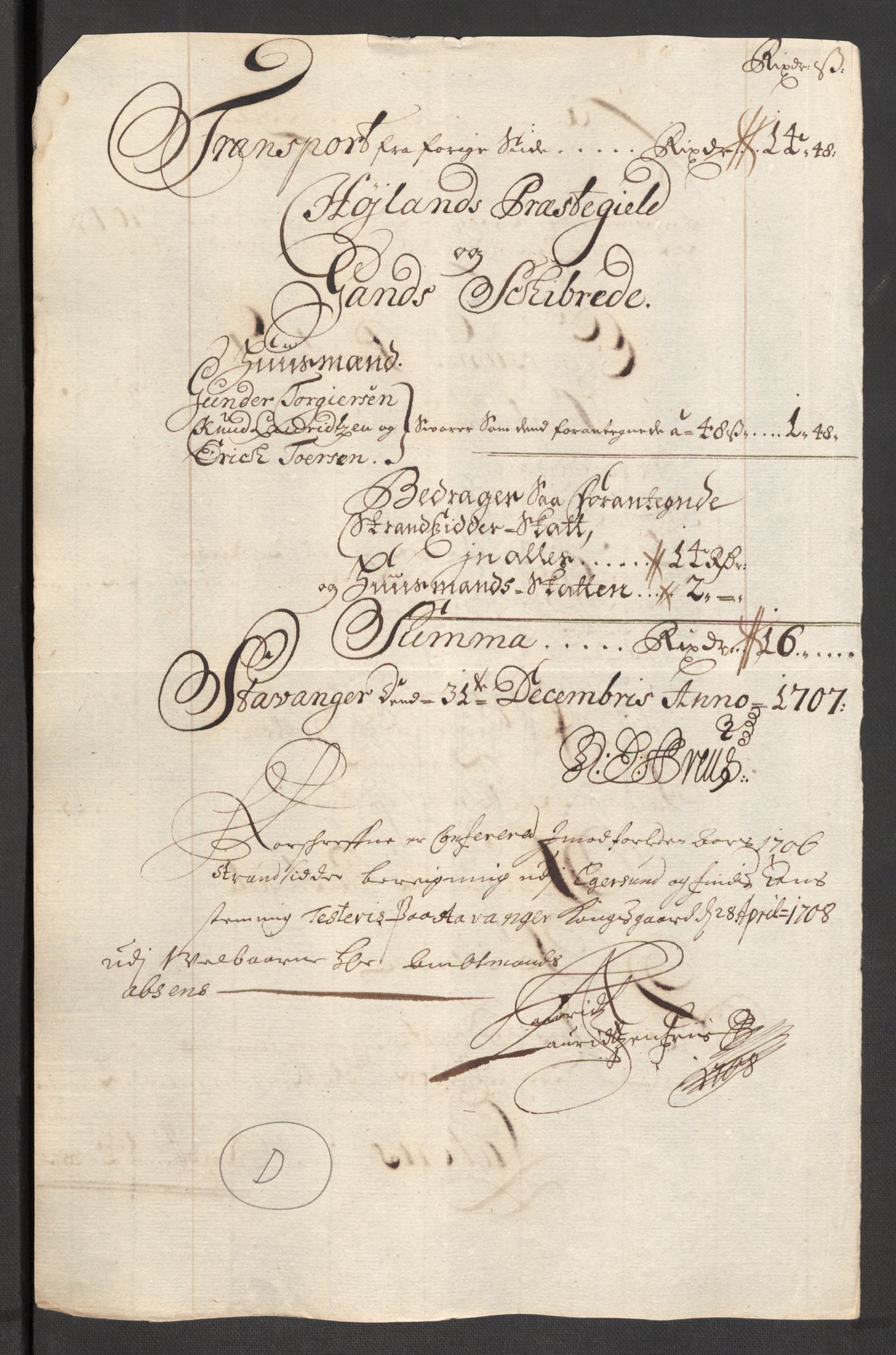 Rentekammeret inntil 1814, Reviderte regnskaper, Fogderegnskap, AV/RA-EA-4092/R46/L2733: Fogderegnskap Jæren og Dalane, 1705-1708, p. 282