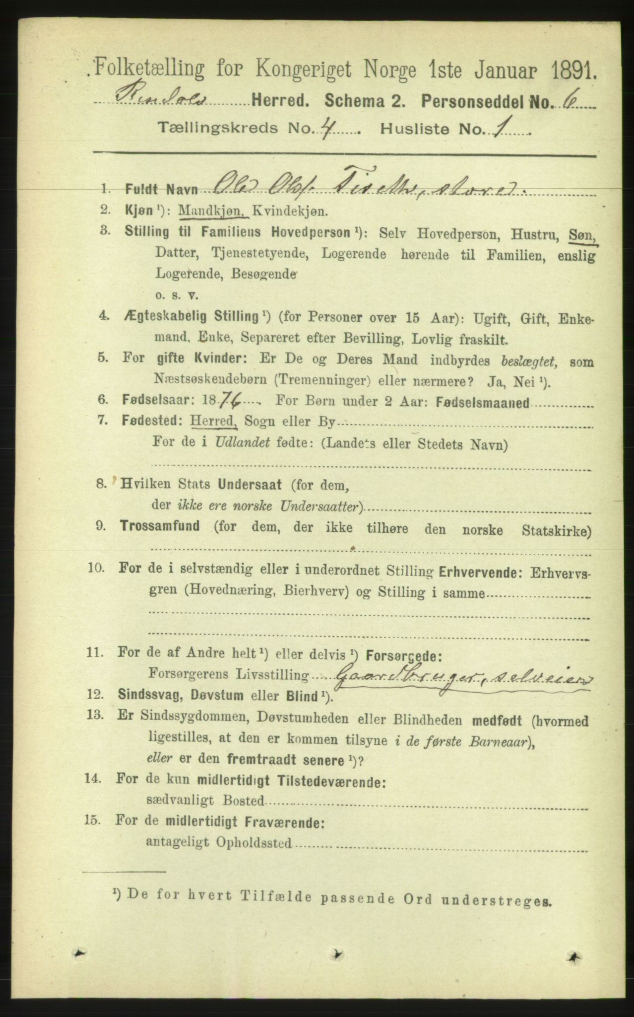 RA, 1891 census for 1567 Rindal, 1891, p. 1209