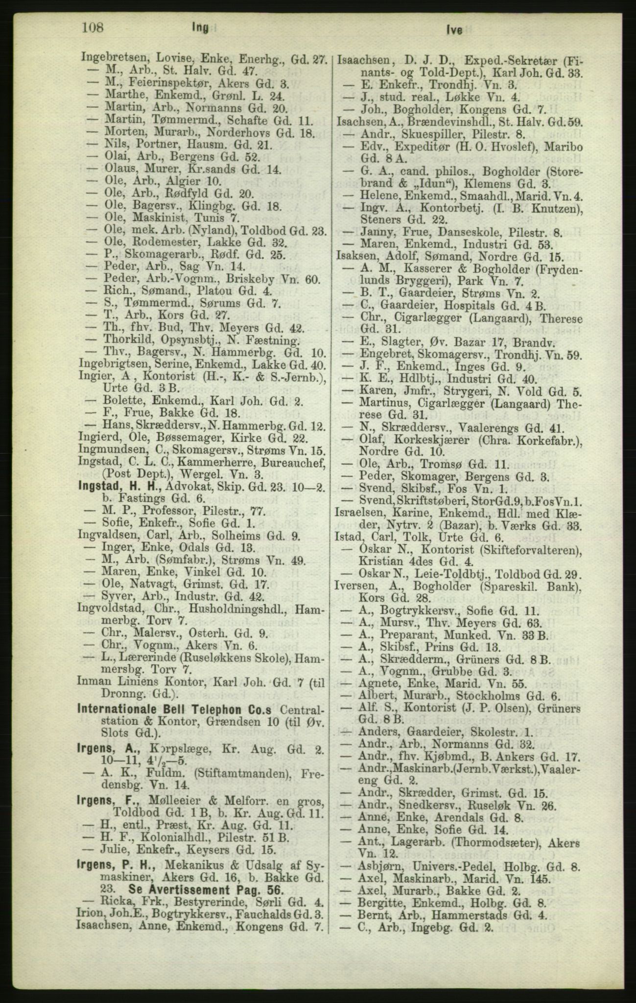 Kristiania/Oslo adressebok, PUBL/-, 1882, p. 108