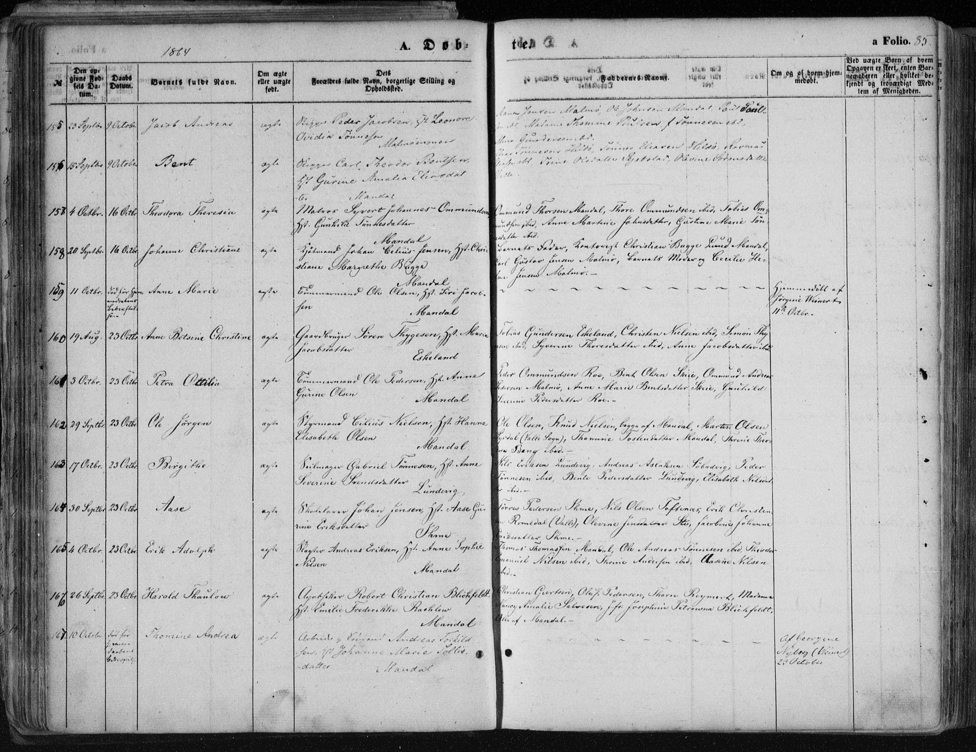 Mandal sokneprestkontor, AV/SAK-1111-0030/F/Fa/Faa/L0014: Parish register (official) no. A 14, 1859-1872, p. 85