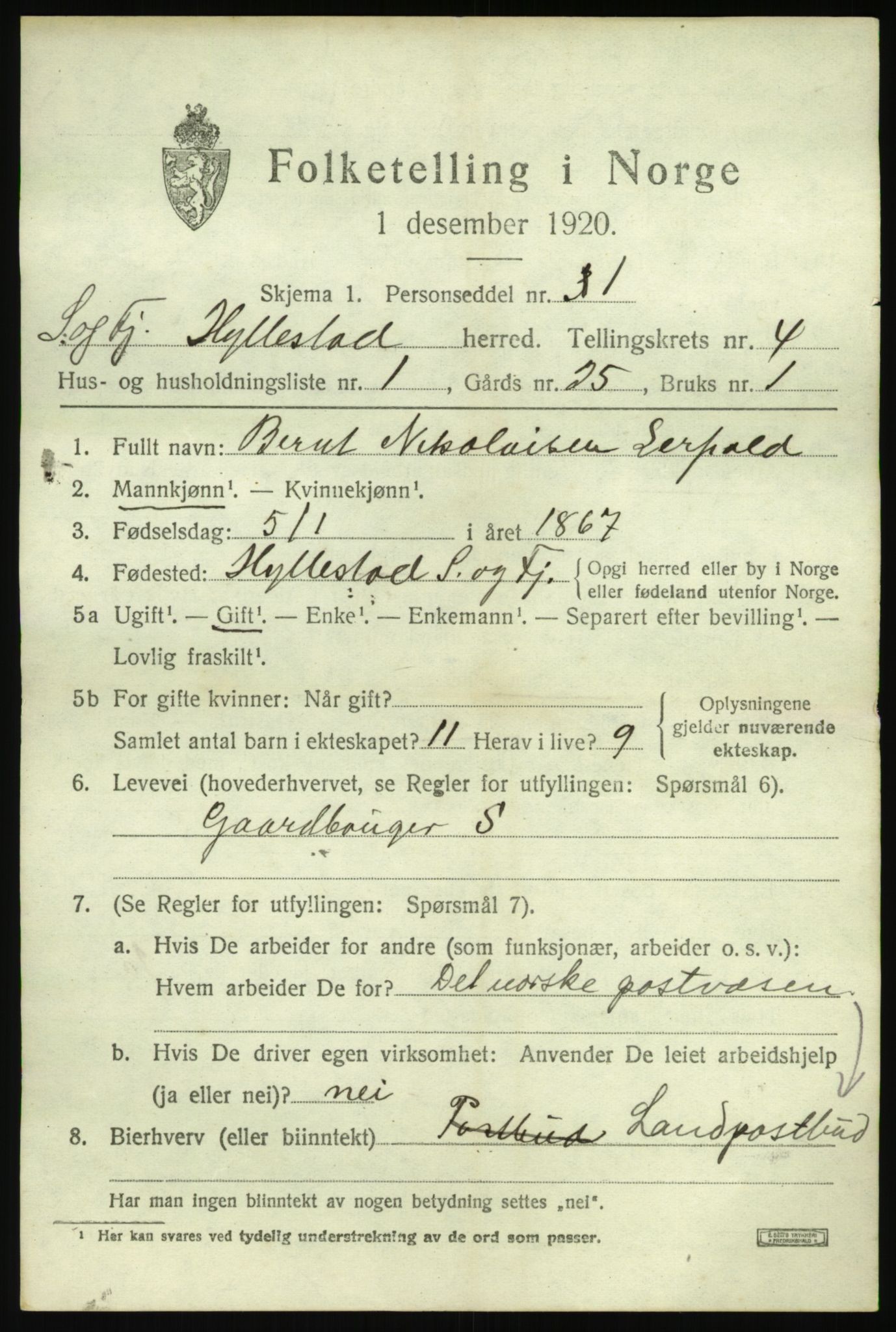 SAB, 1920 census for Hyllestad, 1920, p. 1820