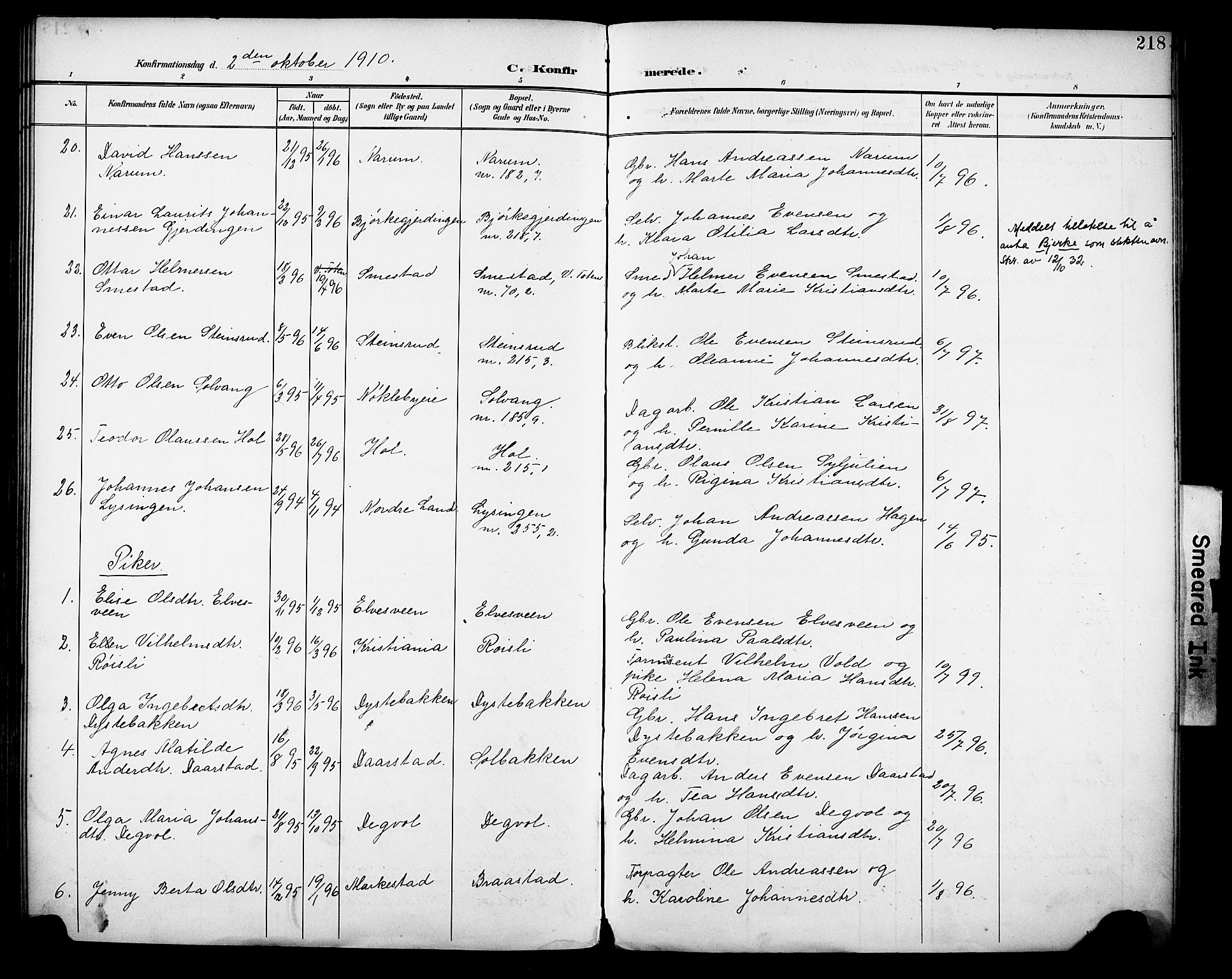 Vestre Toten prestekontor, SAH/PREST-108/H/Ha/Haa/L0013: Parish register (official) no. 13, 1895-1911, p. 218