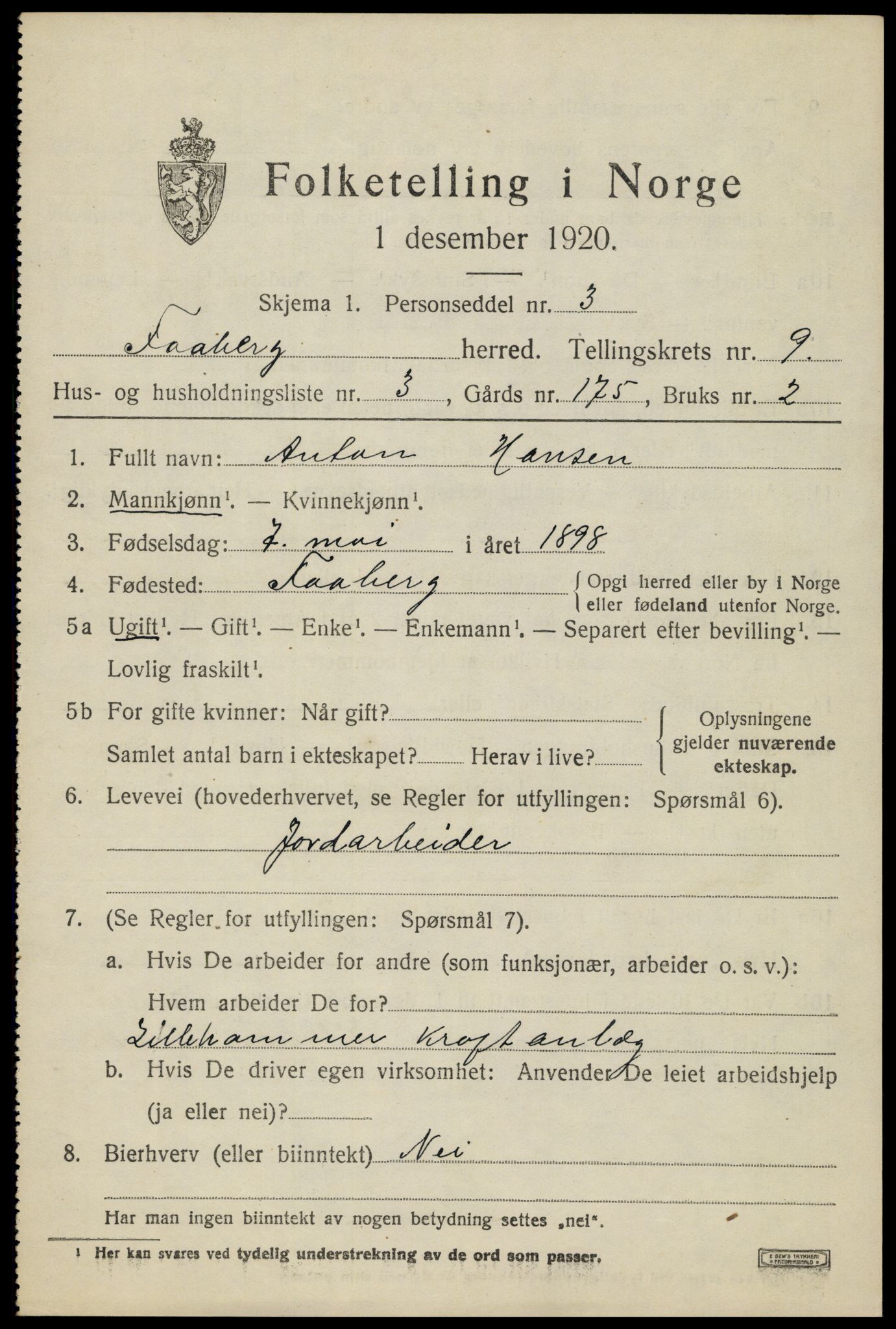 SAH, 1920 census for Fåberg, 1920, p. 10064