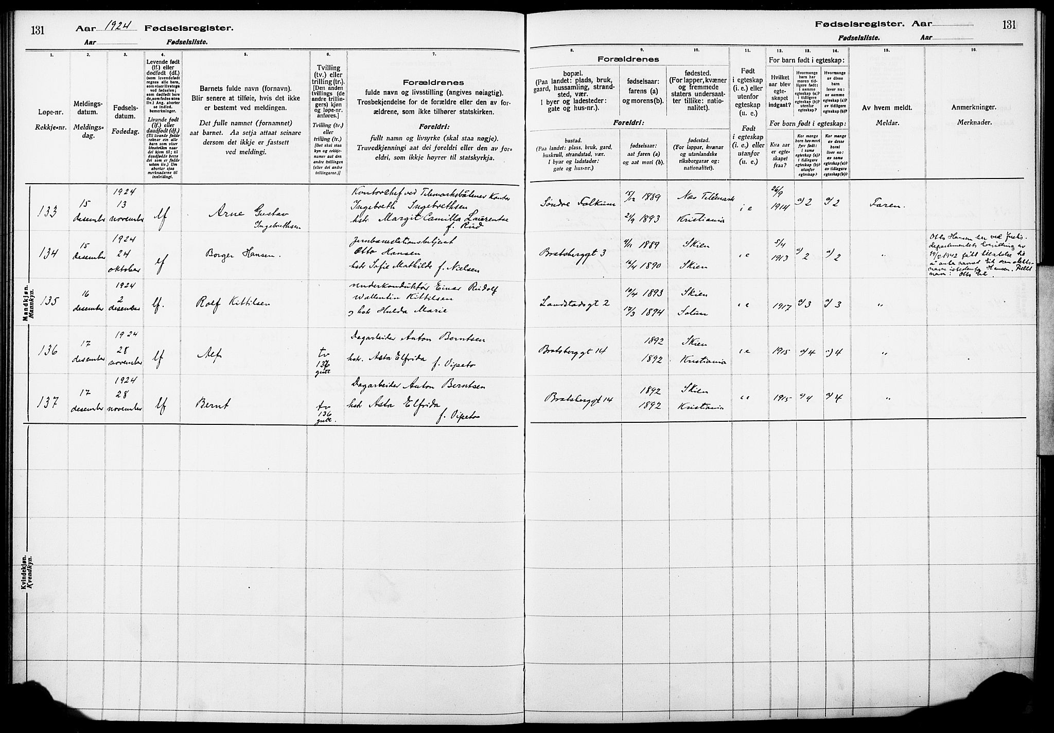 Skien kirkebøker, AV/SAKO-A-302/J/Ja/L0002: Birth register no. 2, 1921-1927, p. 131