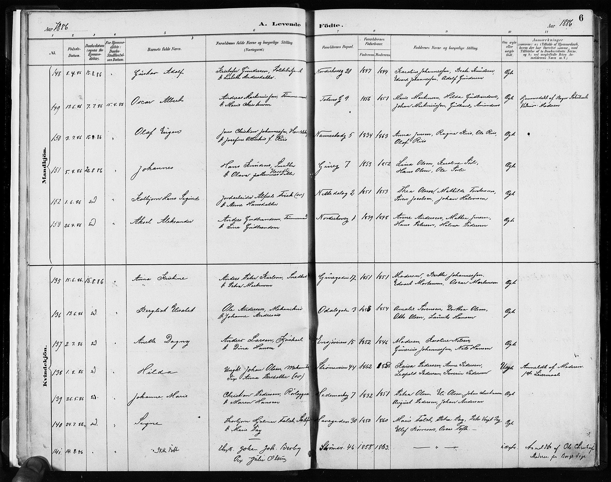 Kampen prestekontor Kirkebøker, AV/SAO-A-10853/F/Fa/L0003: Parish register (official) no. I 3, 1886-1892, p. 6