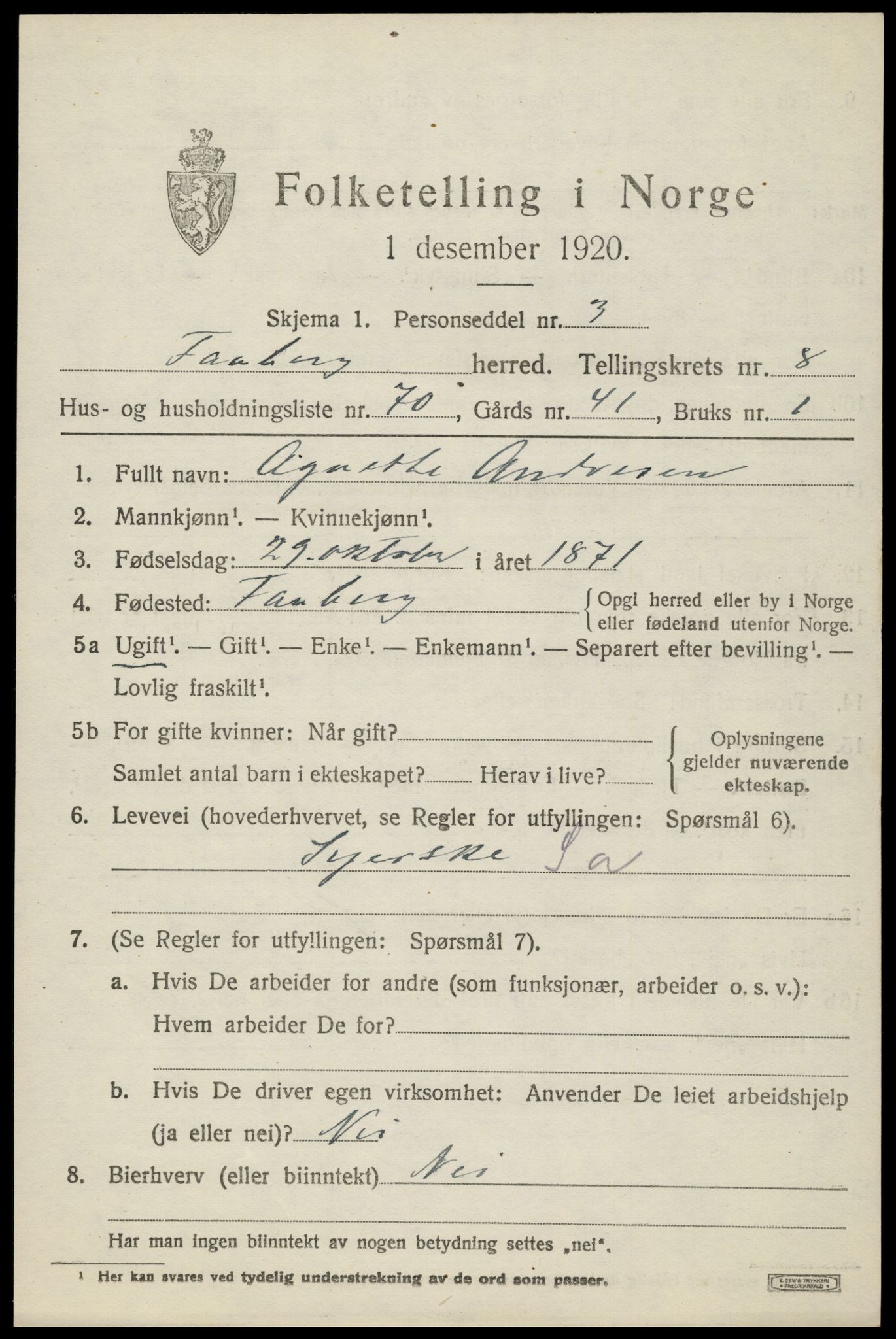 SAH, 1920 census for Fåberg, 1920, p. 10038